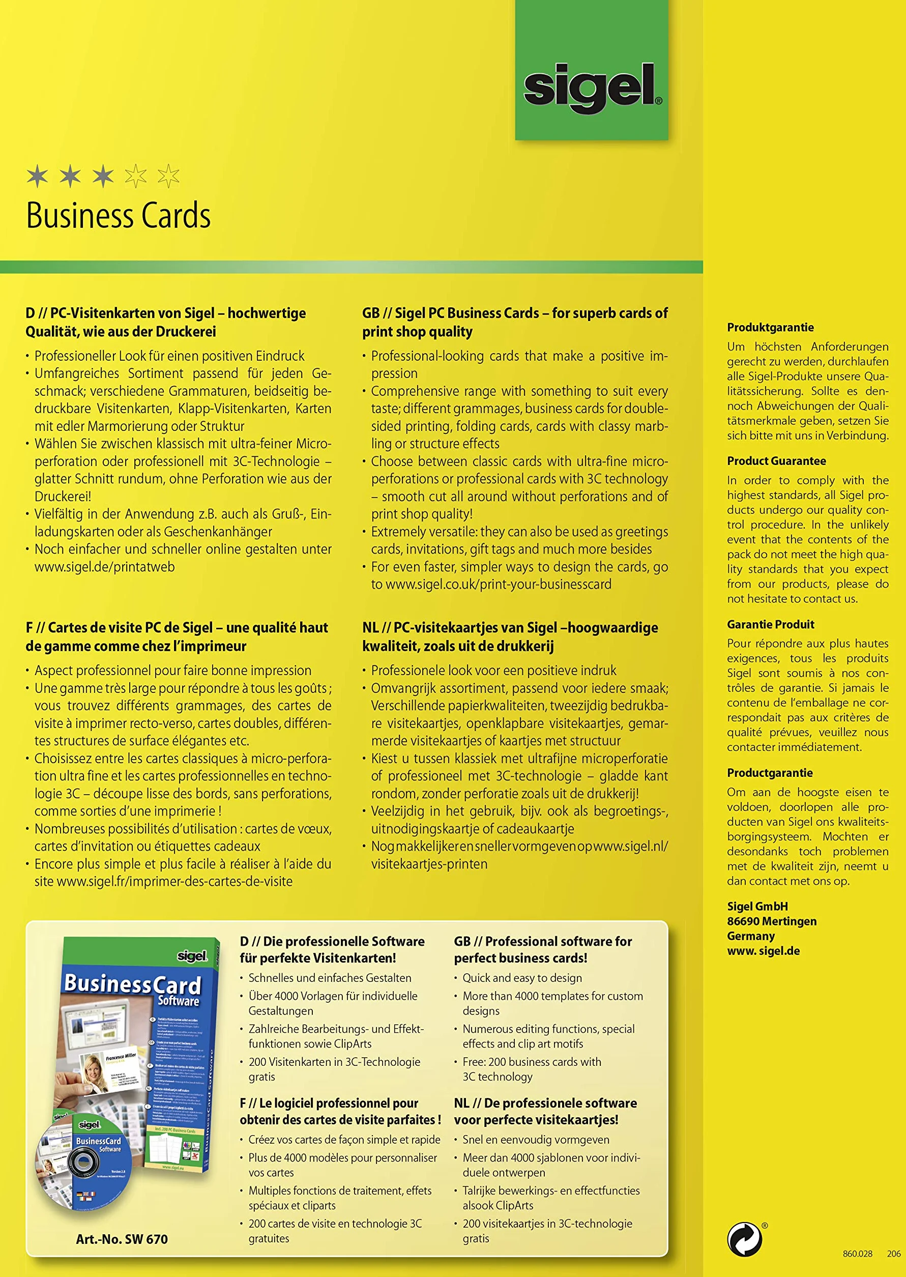 SIGEL DP939 Cartes de visite imprimables prédécoupées 8,5 x 5,5 cm 200g/m² blanc