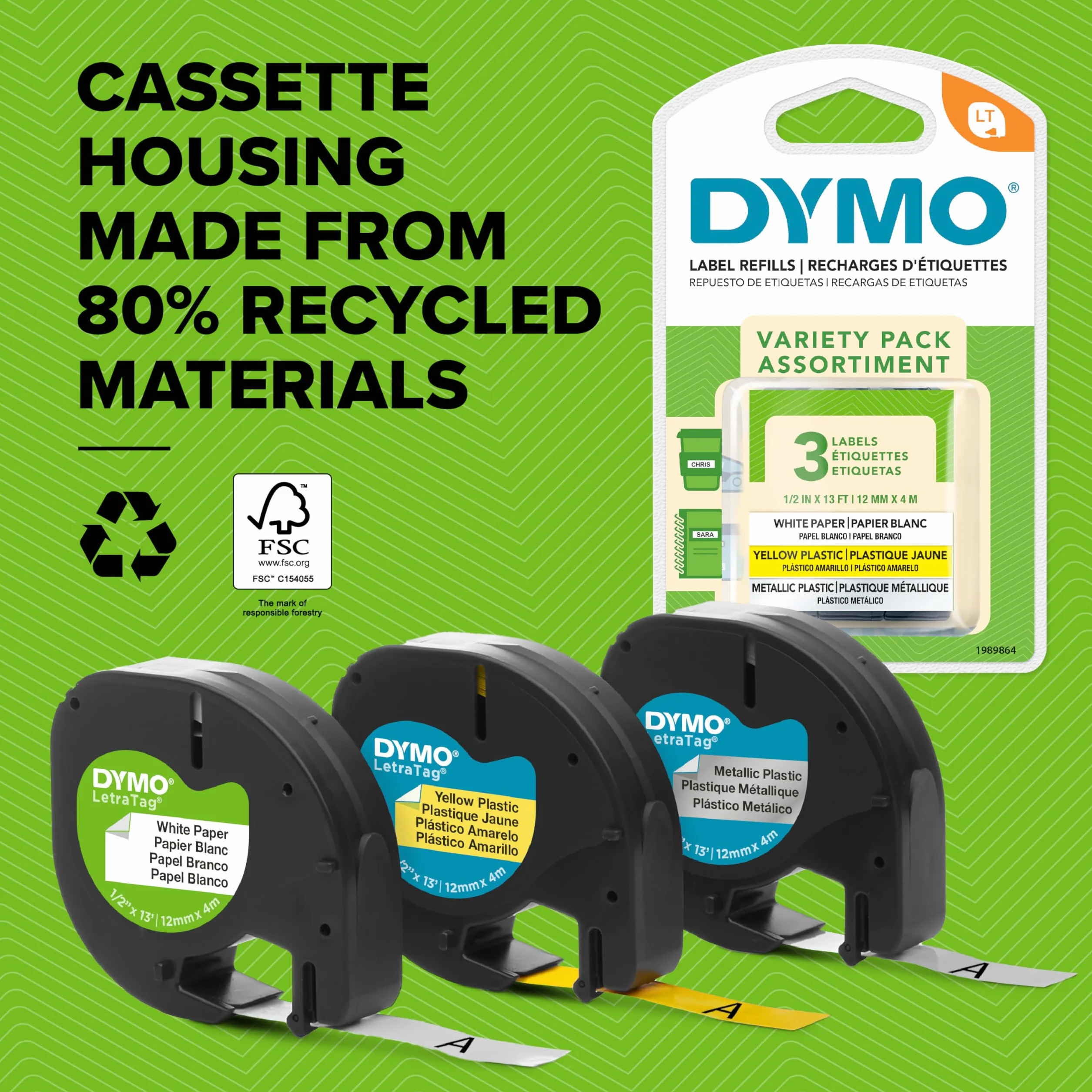 DYMO LetraTag Étiquettes en Plastique Authentique 12 mm x 4 m Noir sur Blanc 2 étiquettes