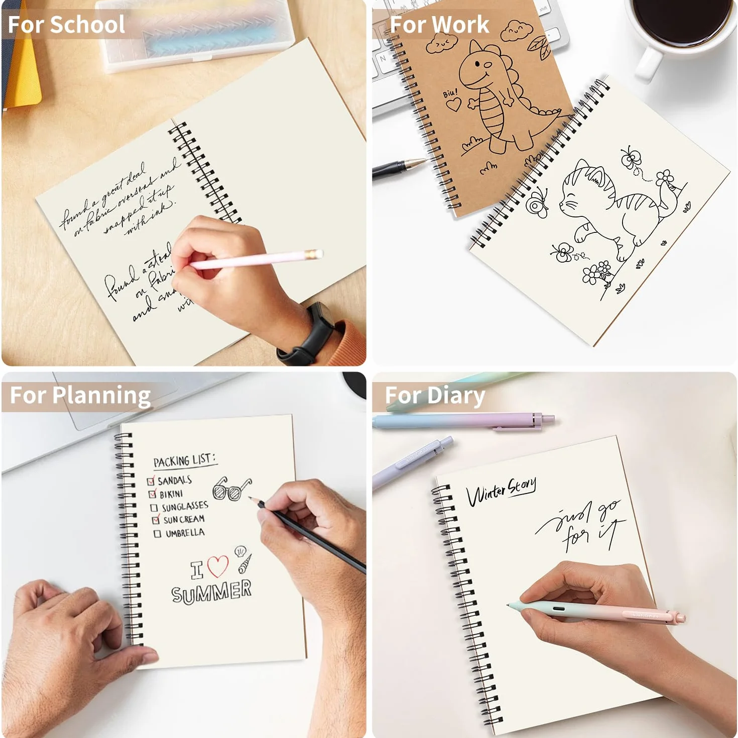 Cahier à Spirale A5 Lot de 5, 60 Feuilles/120 Pages, 80 g/m², Kraft Couverture, Carnet Dessin