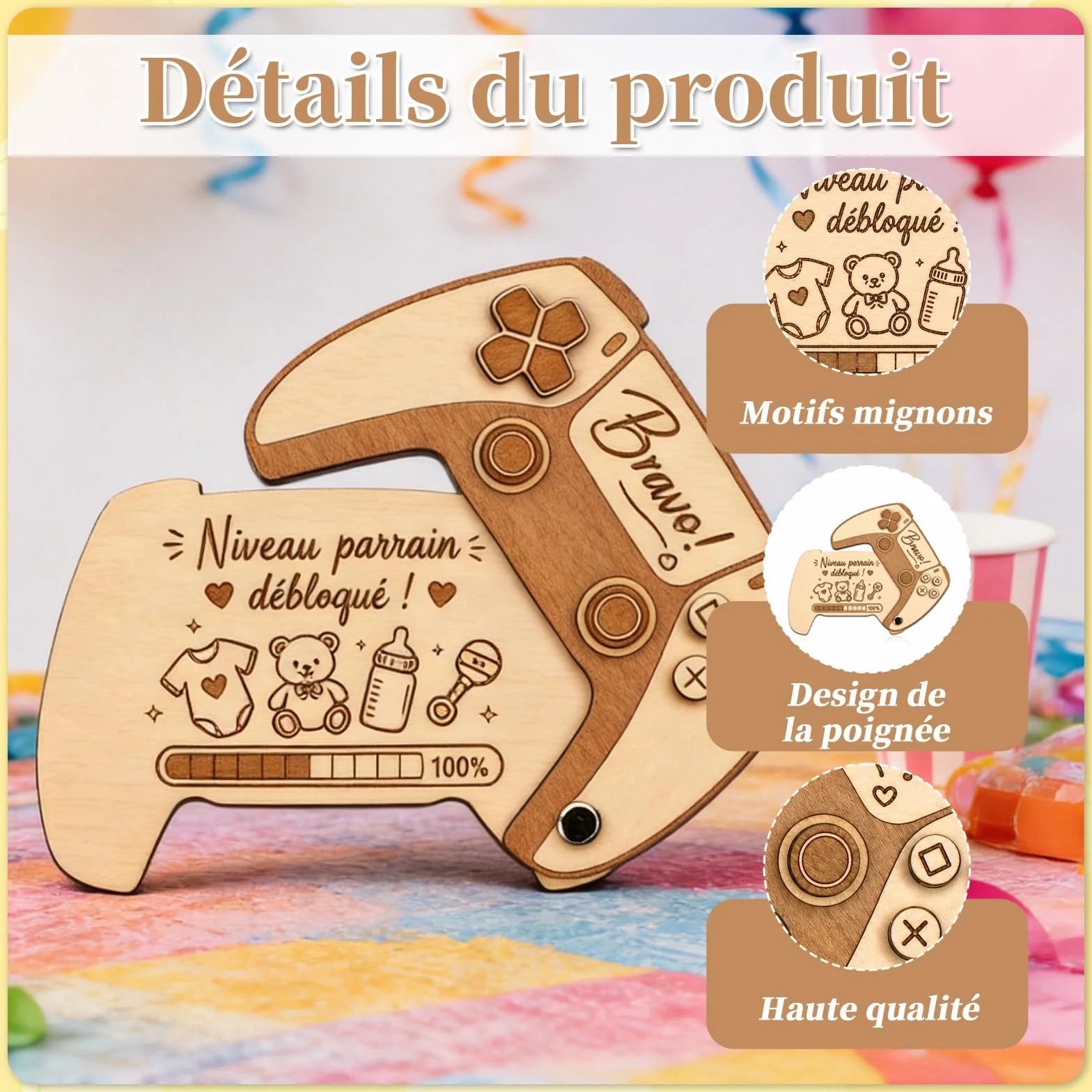 Carte Puzzle En Bois Annonce Parrain - Idée Annonce Grossesse Originale Manette Gamer - Kit Veux Tu Etre Mon Parrain - Cadeau Futur Parrainage Fait Main