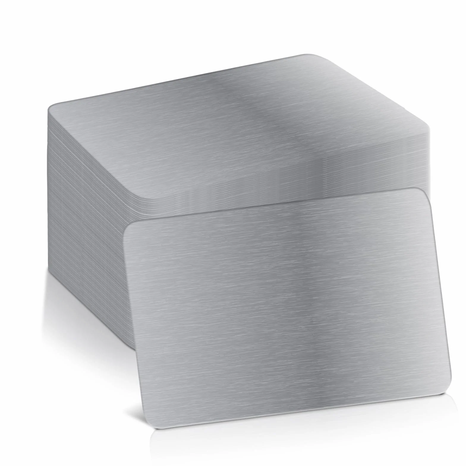 Sporgo Lot de 100 cartes de visite en métal, 8,6 x 5,4 cm, 0,21 mm, argent, alliage d'aluminium, vierges, gravées au laser