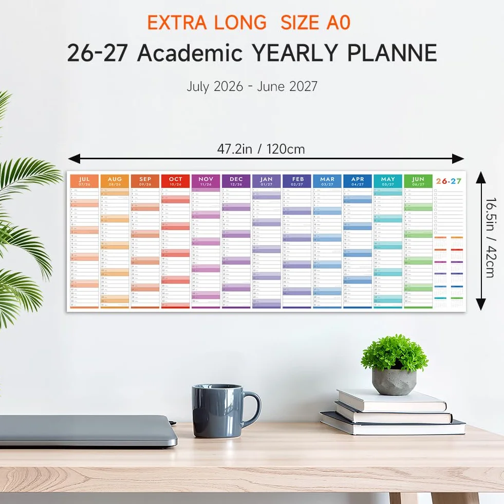 Planning mural 2026-2027 britannique extra long 119,4 x 41,9 cm juillet 2026 à juin 2027 calendrier mural UK grand