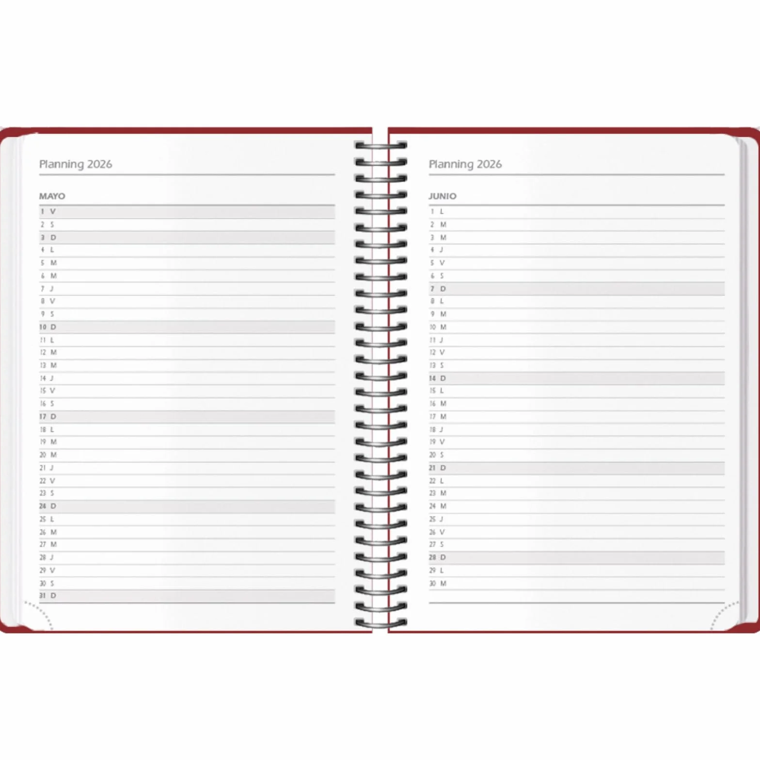 Agenda 2026 Jour par Page A5 14x20 cm Spirale Élastique 12 Mois Planificateur Annuel Espagnol Montana Bordeaux