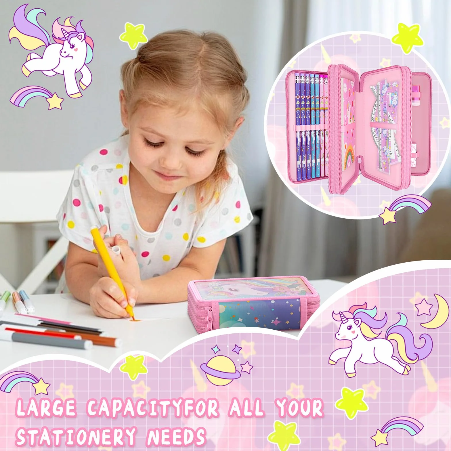Trousse 3 Compartiments 2025 Double Compartiment Mise à Niveau Fermeture éclair Double Curseur Fille Rose