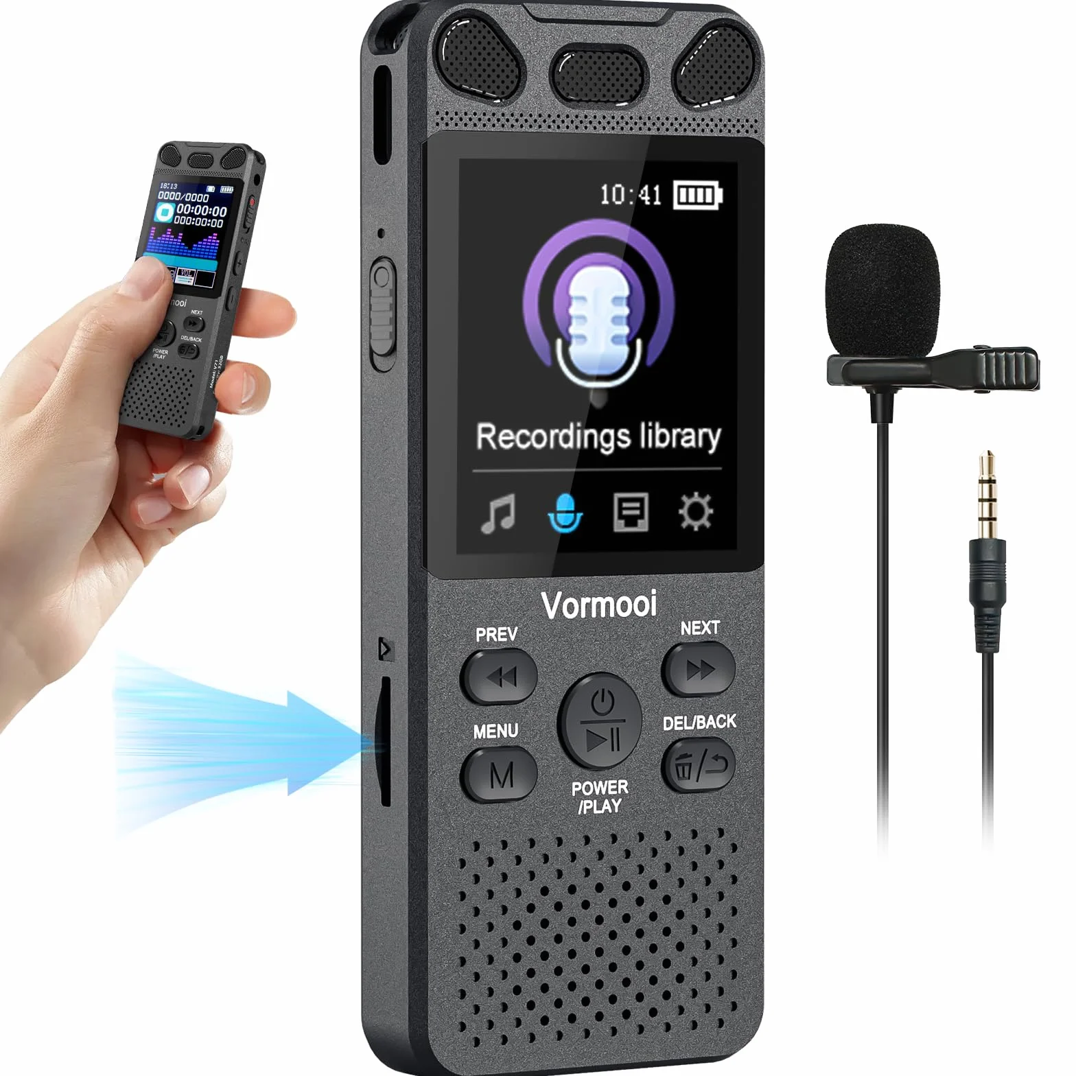 Vormooi Enregistreur Vocal Numérique 16GB 110H avec Micro Externe Écran Couleur 2,15" Activation Vocale