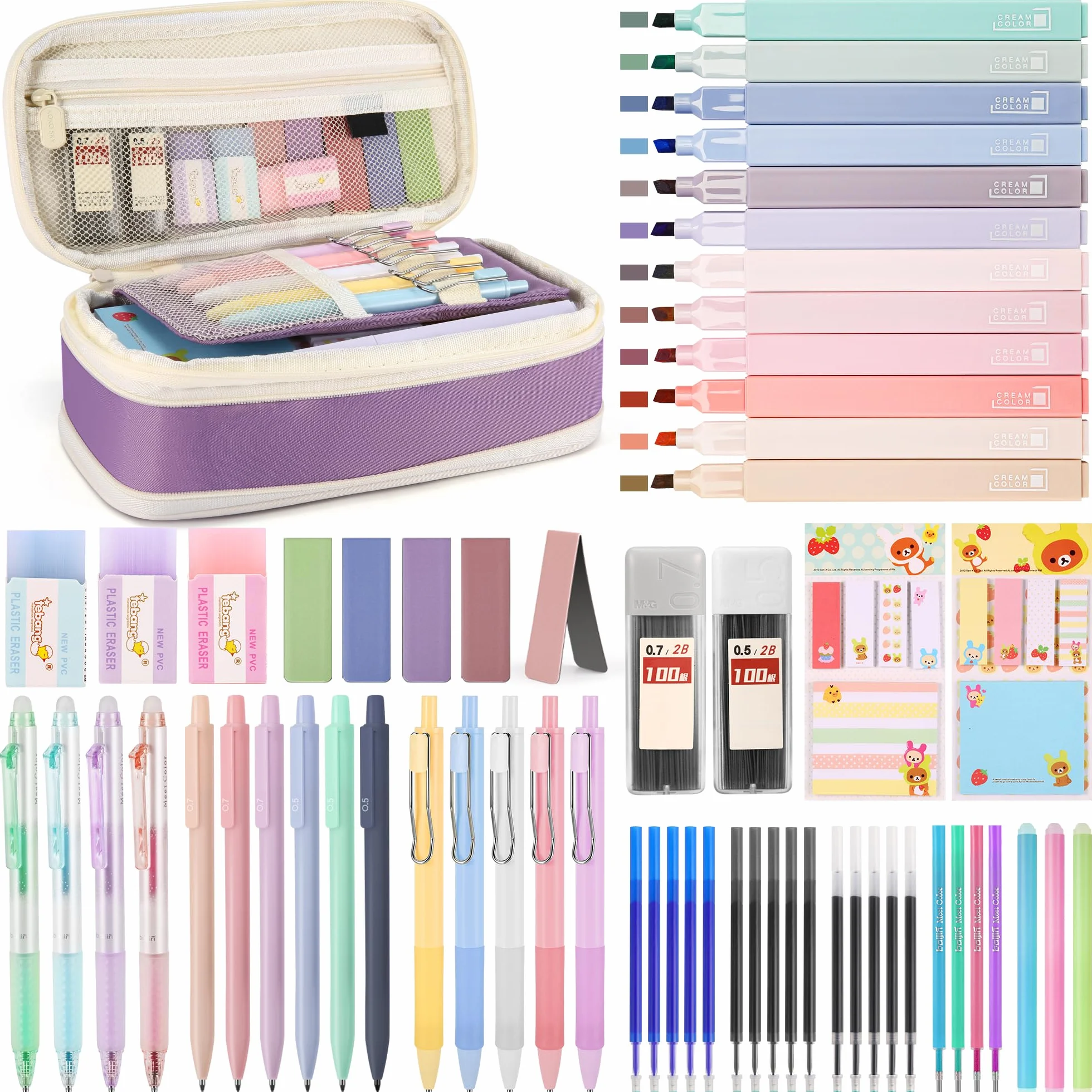 DazSpirit 62 Set de Papeterie Aesthetic avec Trousse Pliable, Surligneurs Pastel, Stylos Effaçables, Stylos Gel, Porte-mines, Notes Adhésives – Fournitures Scolaires Violet