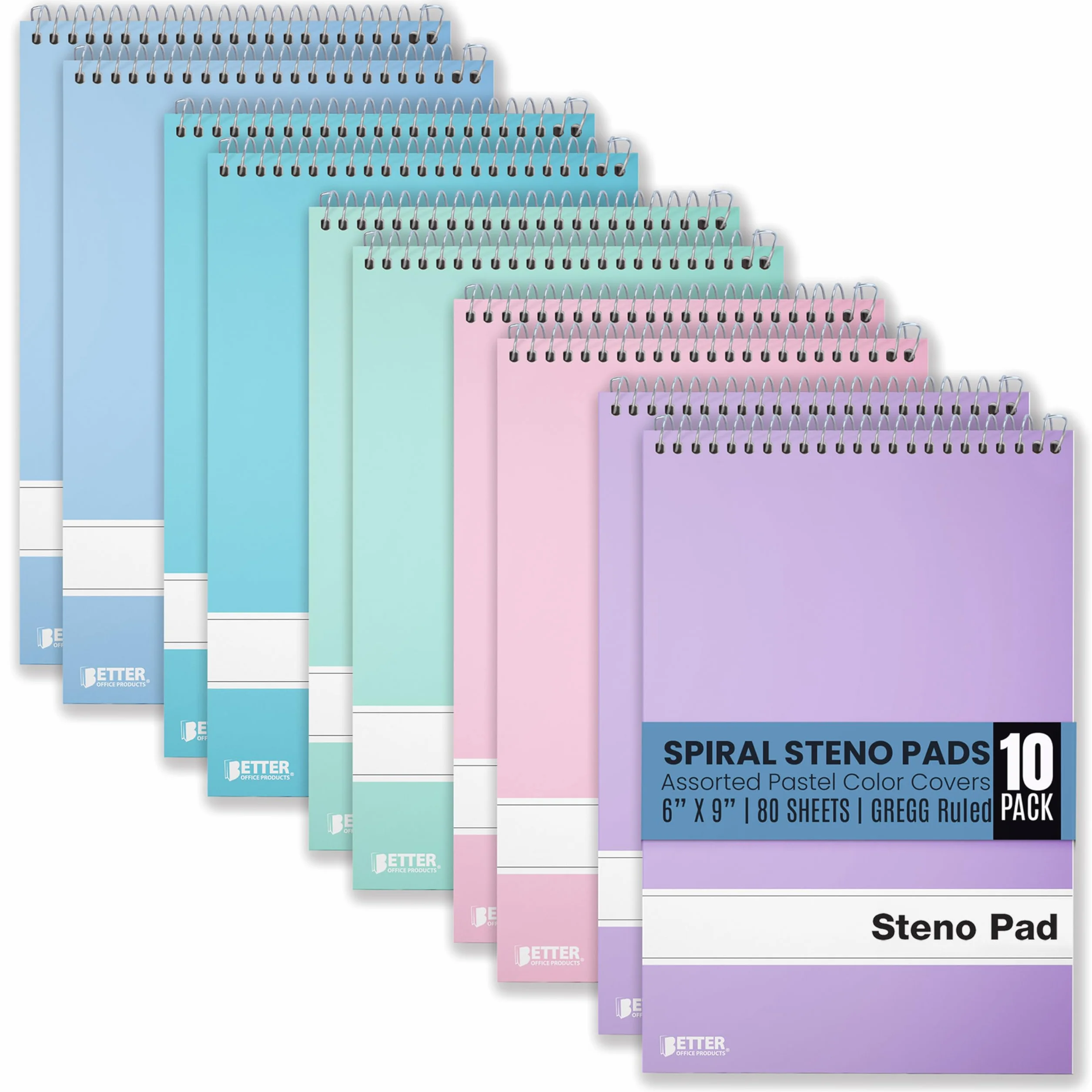 Better Office Products Lot de 10 blocs Steno à spirale, 15,2 x 22,9 cm, 80 feuilles, papier blanc, règle Gregg