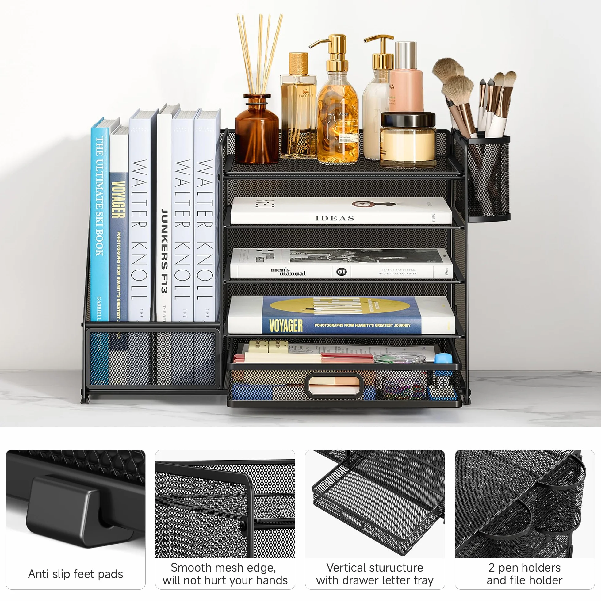 VITVITI Organisateur de Bureau 5 Niveaux avec Porte-Documents, Porte-Lettres, Tiroir, Porte-Stylos, Maille, Noir