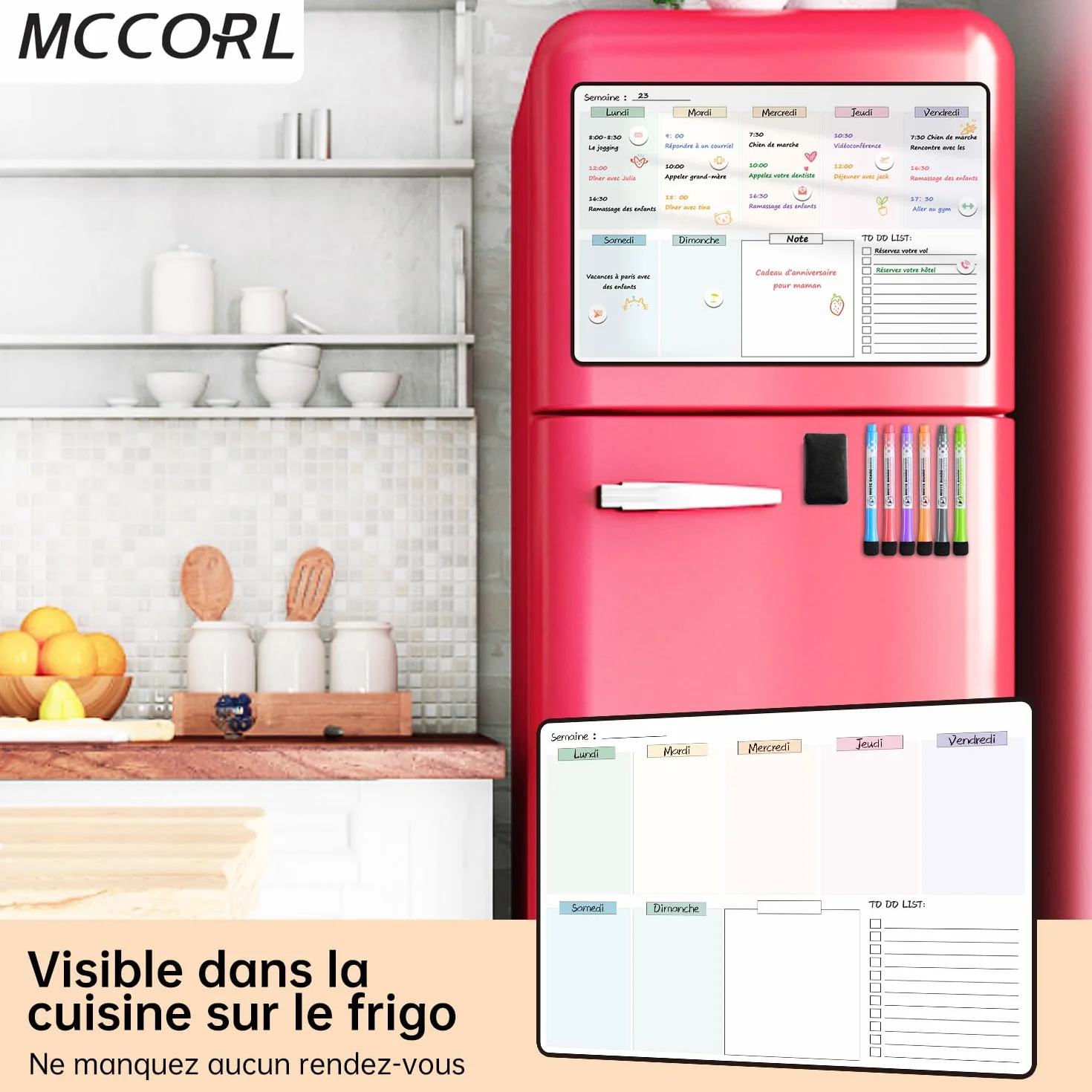 MCCORL Calendrier Magnetique Organisateur Tableau Frigo 42x28cm effacable en Français
