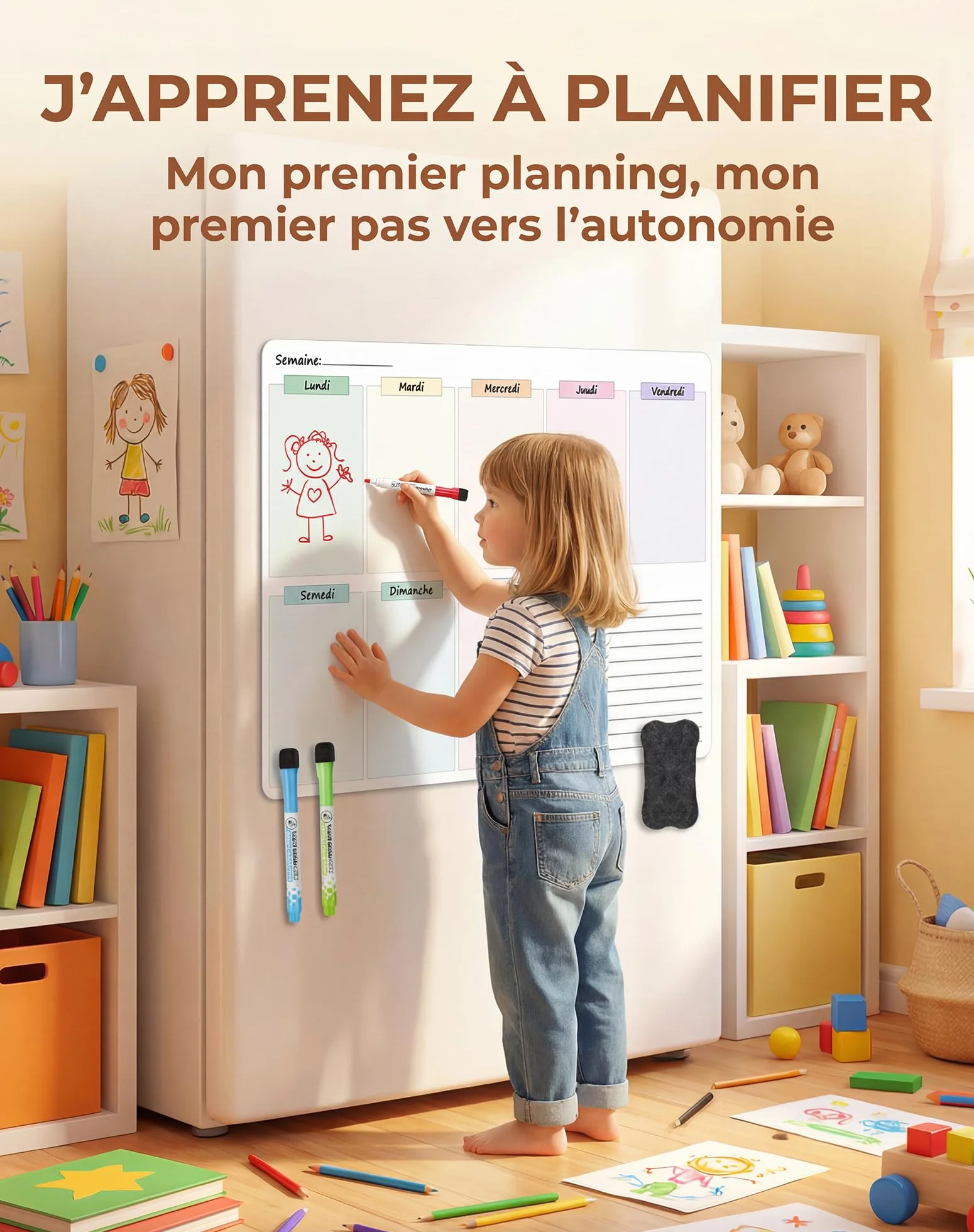 Frigo magnétique effaçable Semainier organisateur familial pour réfrigérateur Tableau blanc réutilisable menus tâches rendez-vous