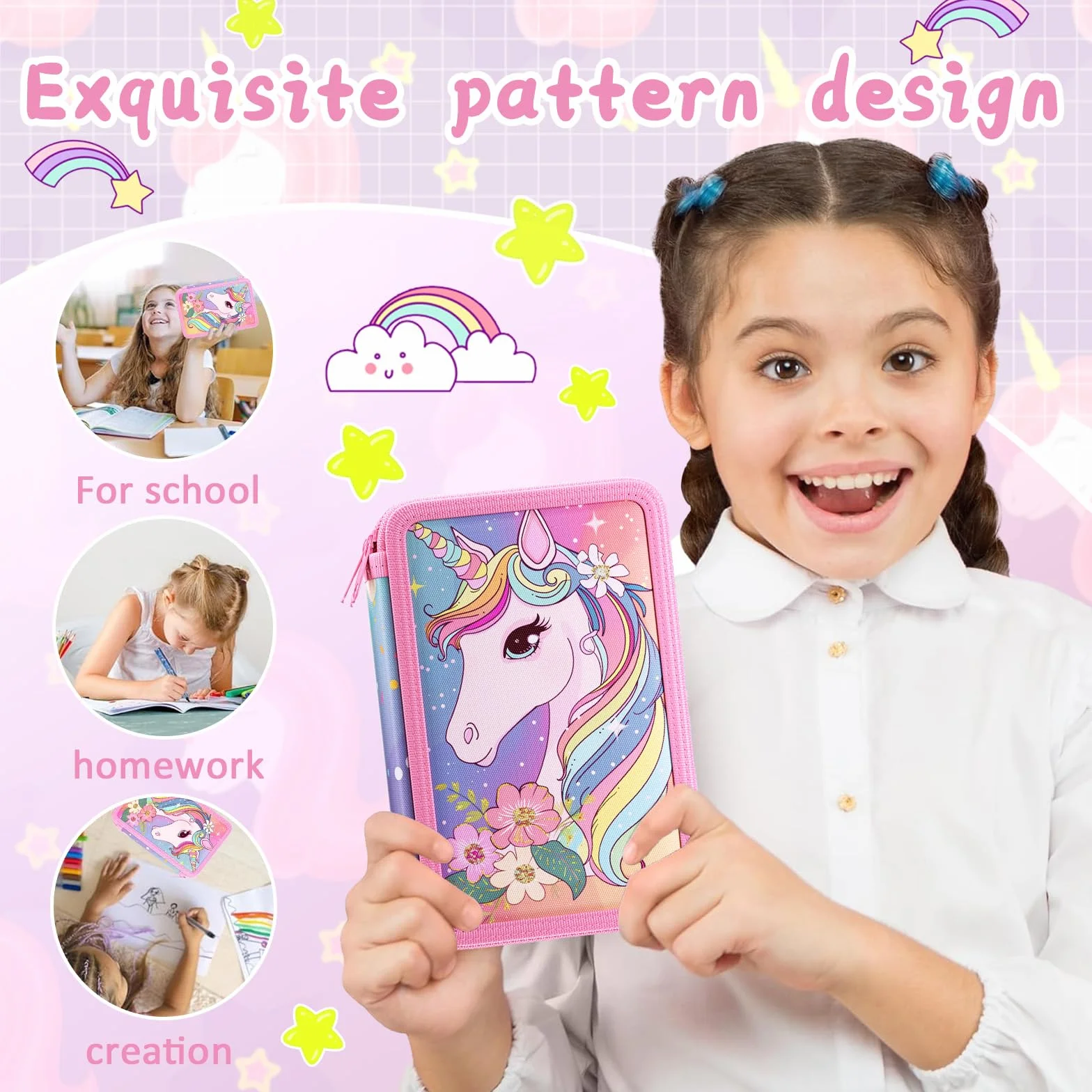 Trousse 3 Compartiments 2025 Double Compartiment Mise à Niveau Fermeture éclair Double Curseur Fille Rose