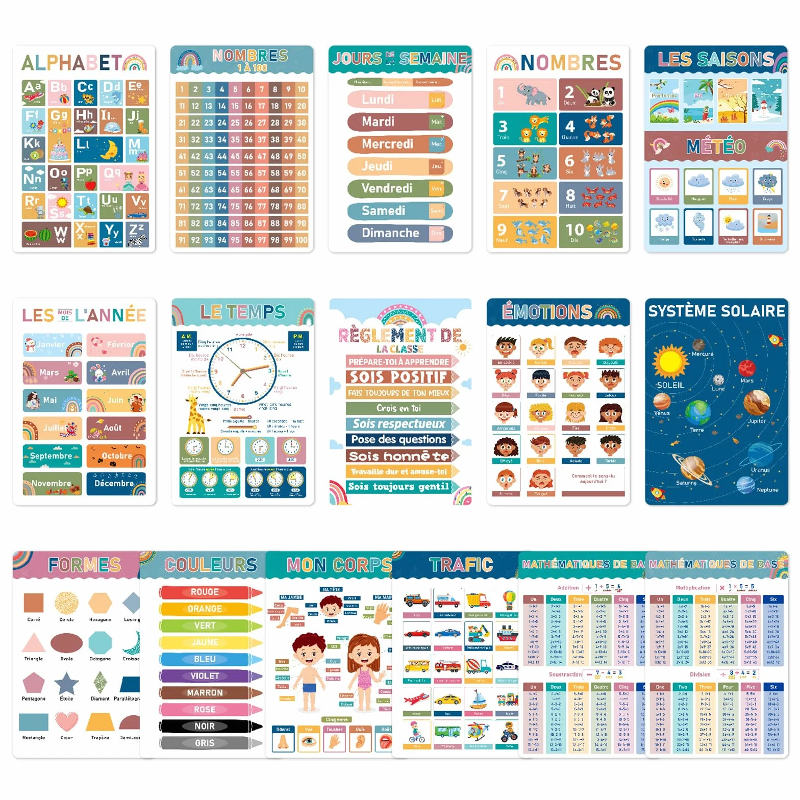 16 Affiches Éducatives en Français pour Tout-Petits 1-5 Ans, Apprentissage Salle de Jeux Maison Crèche Classe