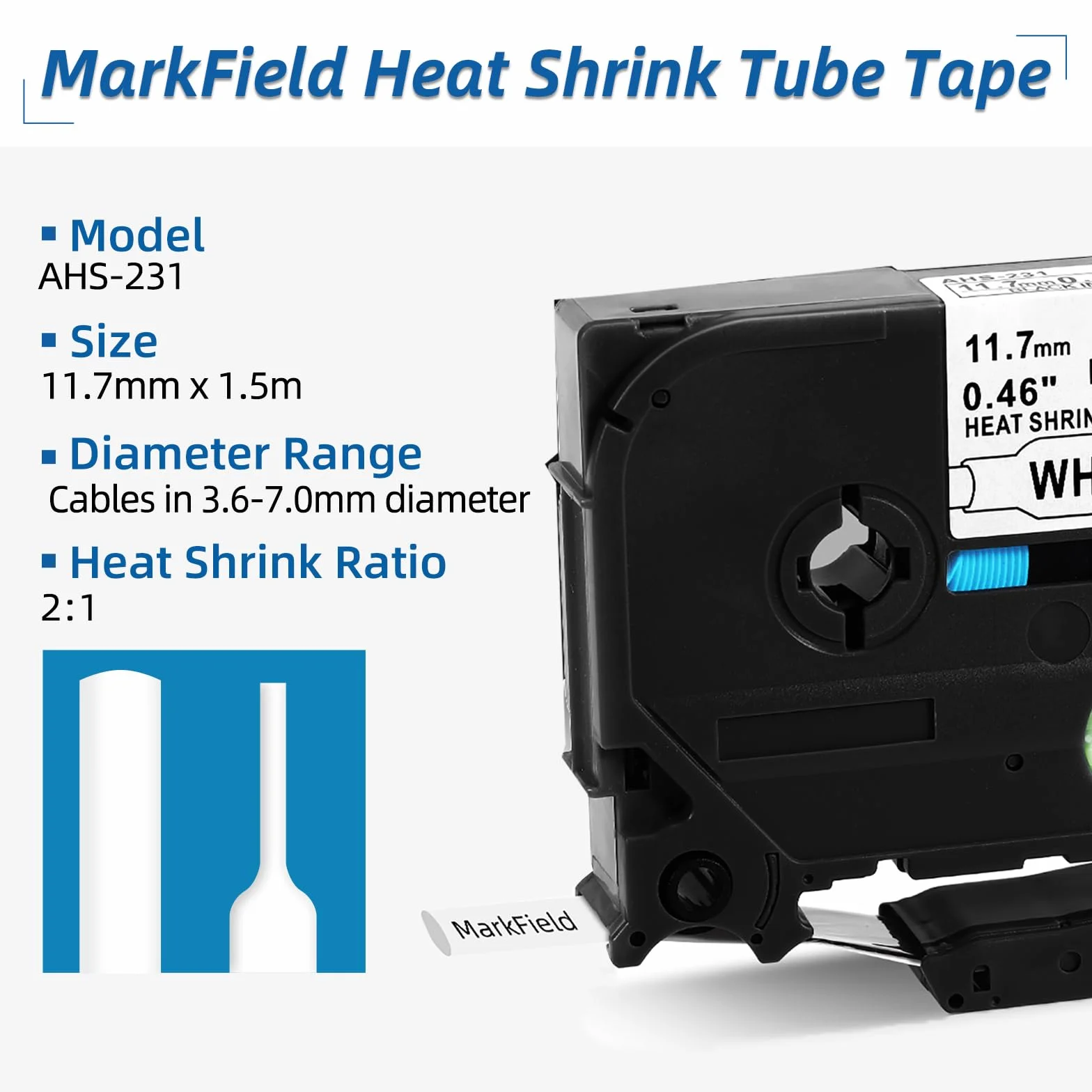 MarkField Gaine Thermo-Rétractable HSe-231 11.7mm Noir sur Blanc Compatible Brother P-touch
