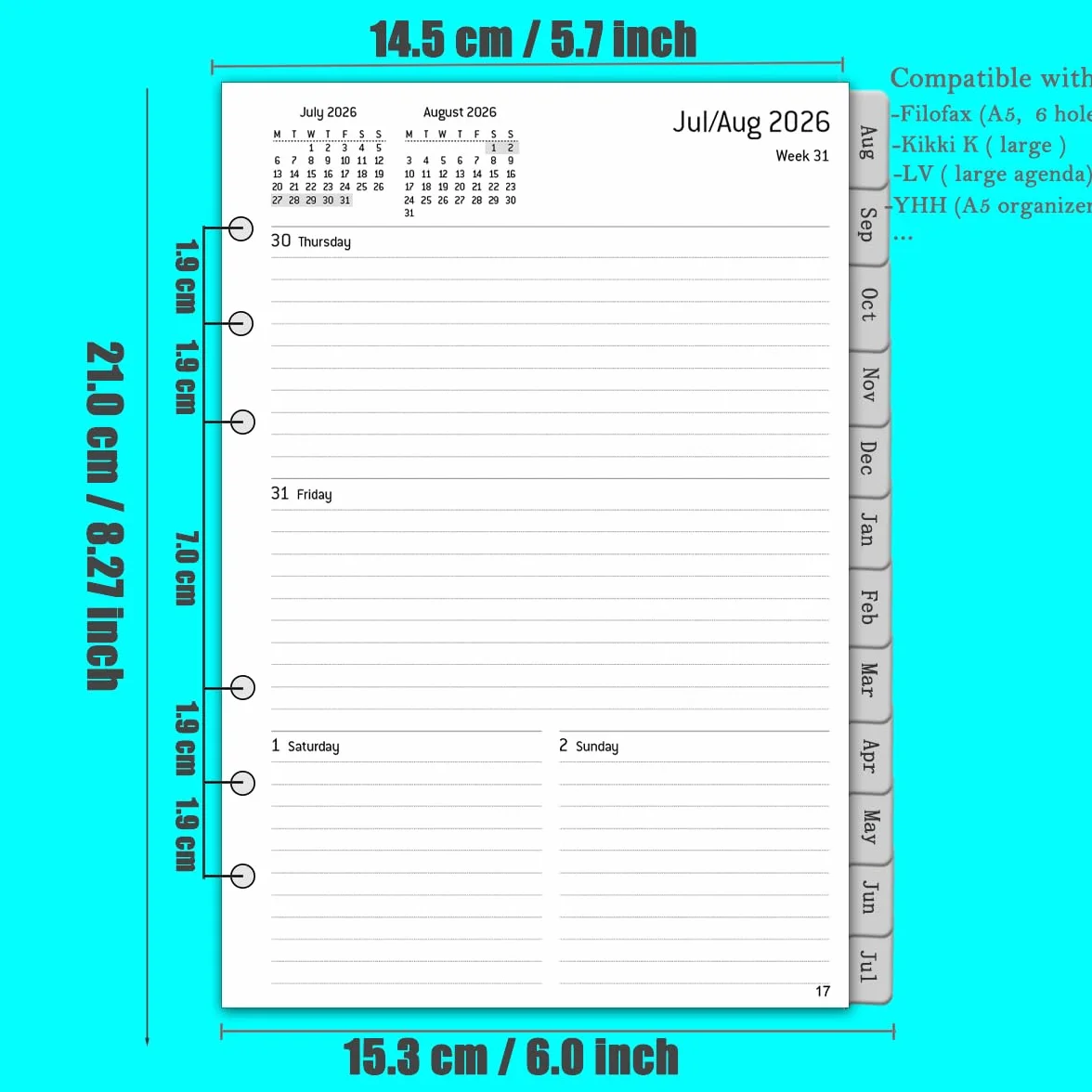Agenda semainier 2026-2027 A5 6 trous 1 semaine sur 2 pages 100 g/m² recharge calendrier 153 x 21 mm