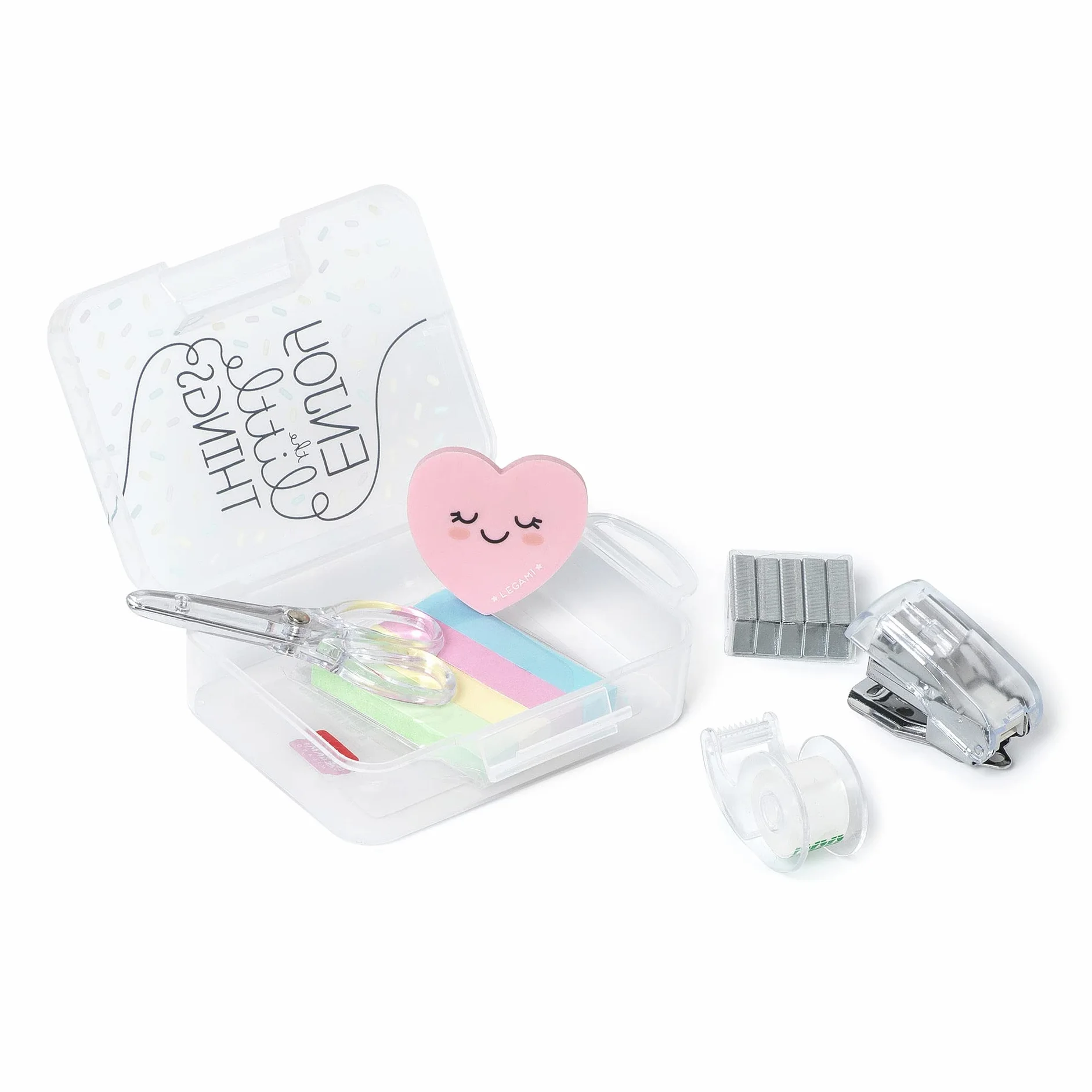 Legami Mini Lot de Papeterie 6 Accessoires Format Mini Ciseaux Caoutchouc Ruban adhésif Agrafeuse 7 x 10,5 cm Boîte Pratique