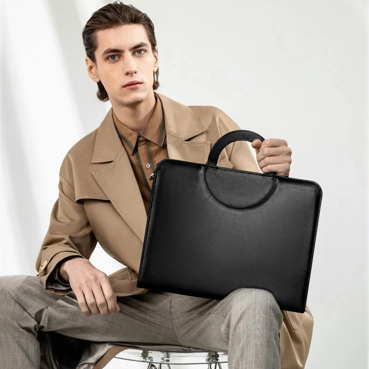Porte Document A4 en Cuir Noir PU Leathario Portfolio Organiseur de Bureau