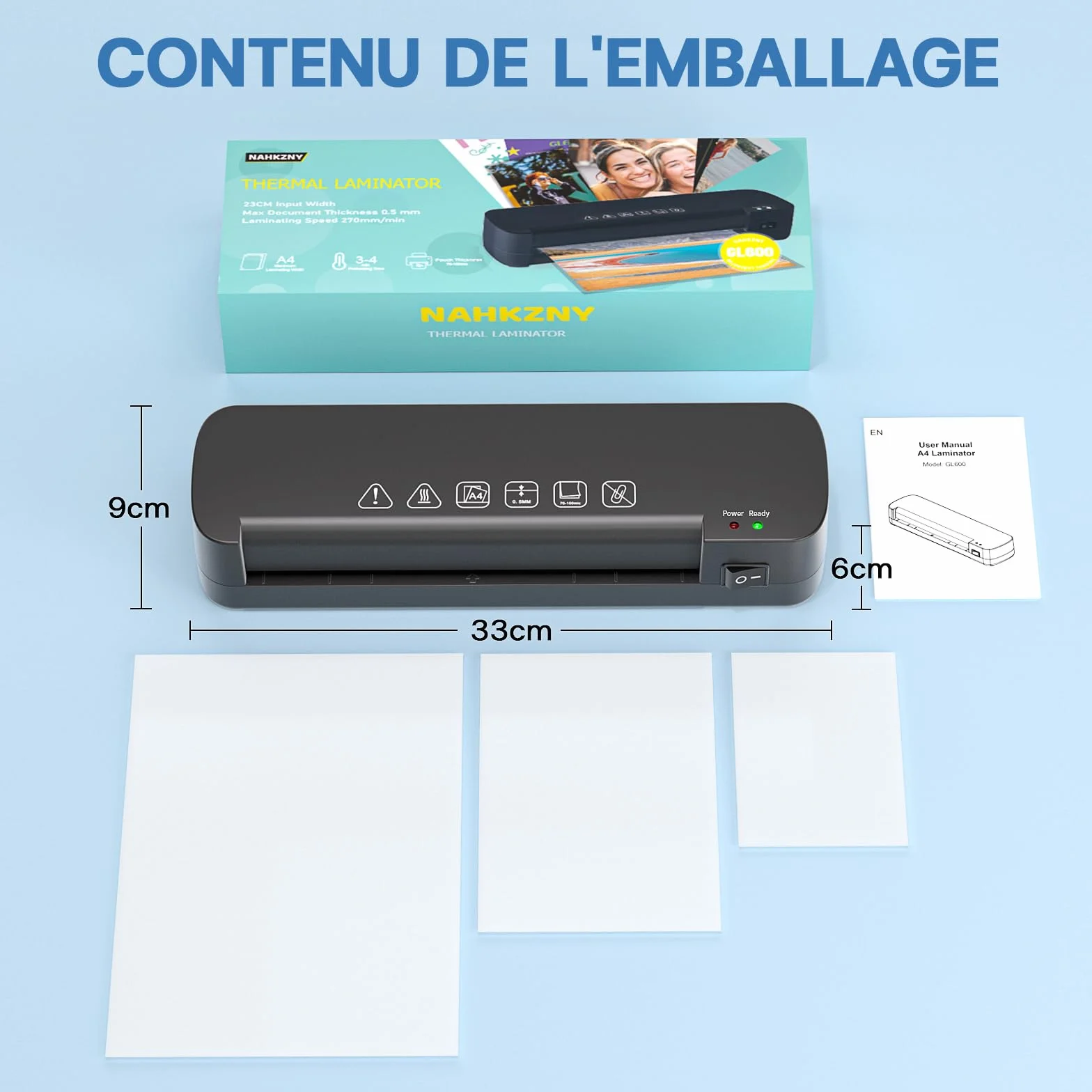 Plastifieuse A4 Thermique 70-100 Microns avec 15 Pochettes pour Bureau Maison École Noir