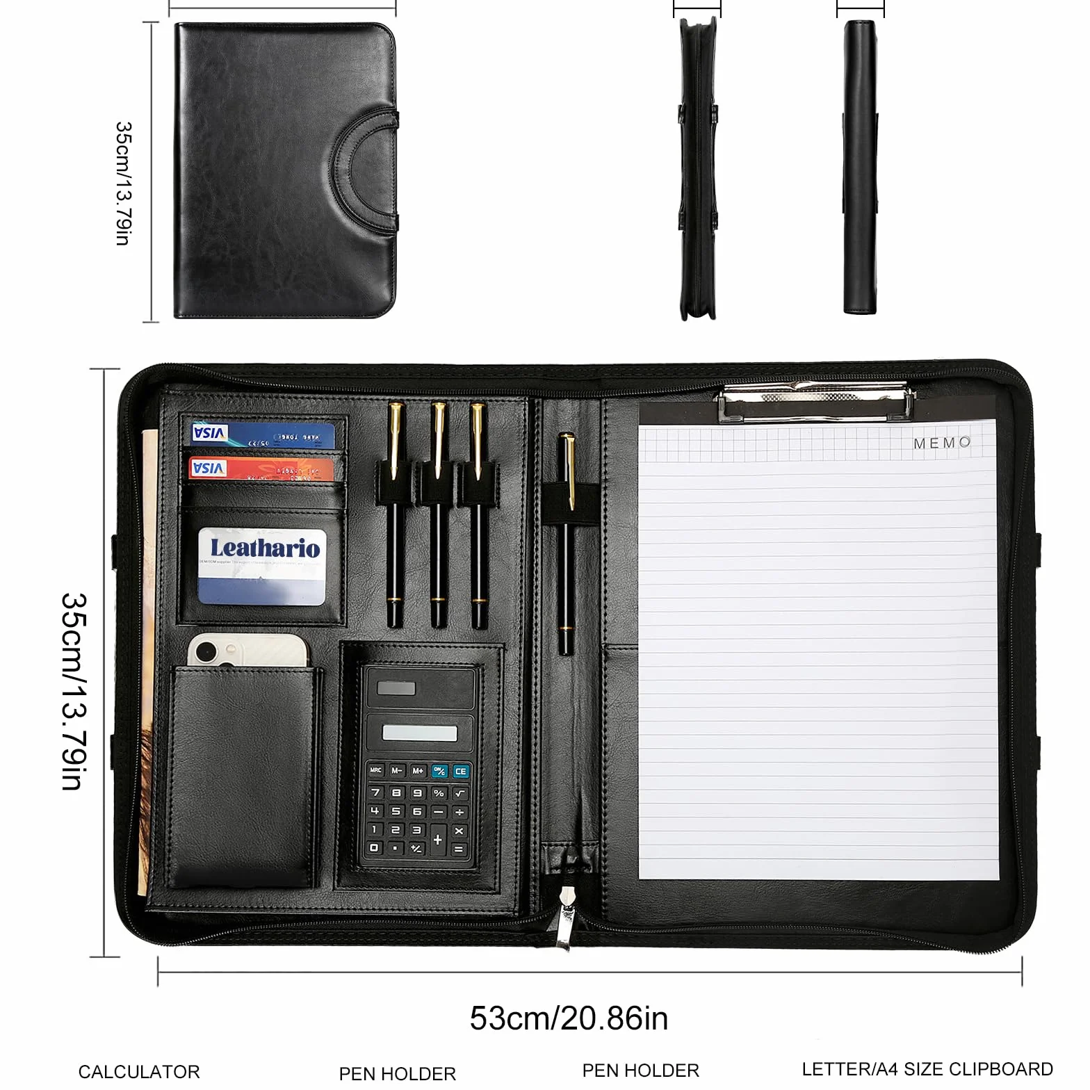 Porte Document A4 en Cuir Noir PU Leathario Portfolio Organiseur de Bureau