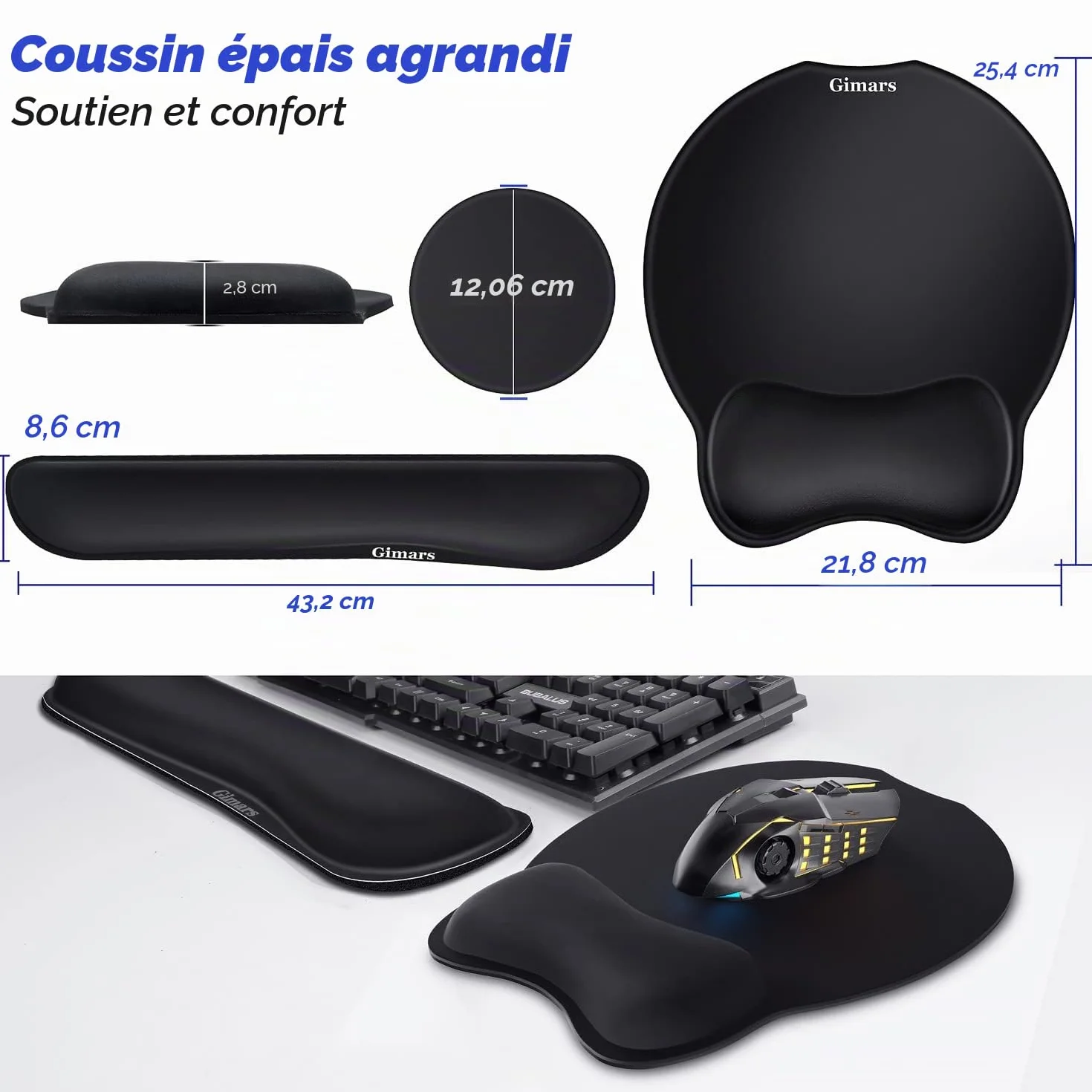 Gimars 3 en 1 Tapis de Souris Ergonomique Repose Poignet Clavier Dessous de Verre, Mouse Pad Antidérapant PU pour Gaming Bureau