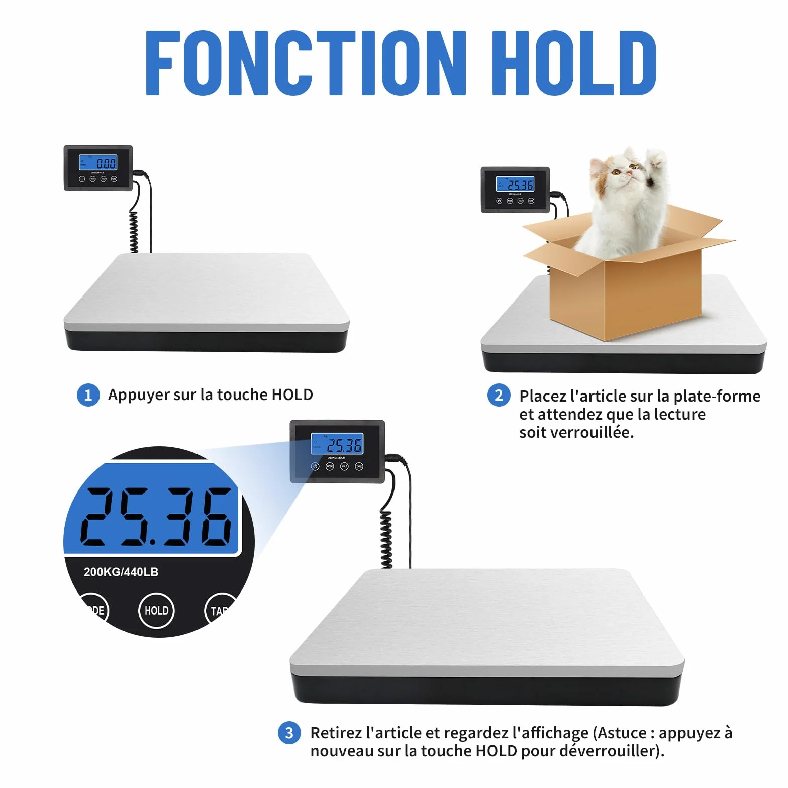 Balance Colis Numérique UNIWEIGH 200kg/10g, Acier Inoxydable avec Fonction Hold/Tare, Écran LCD