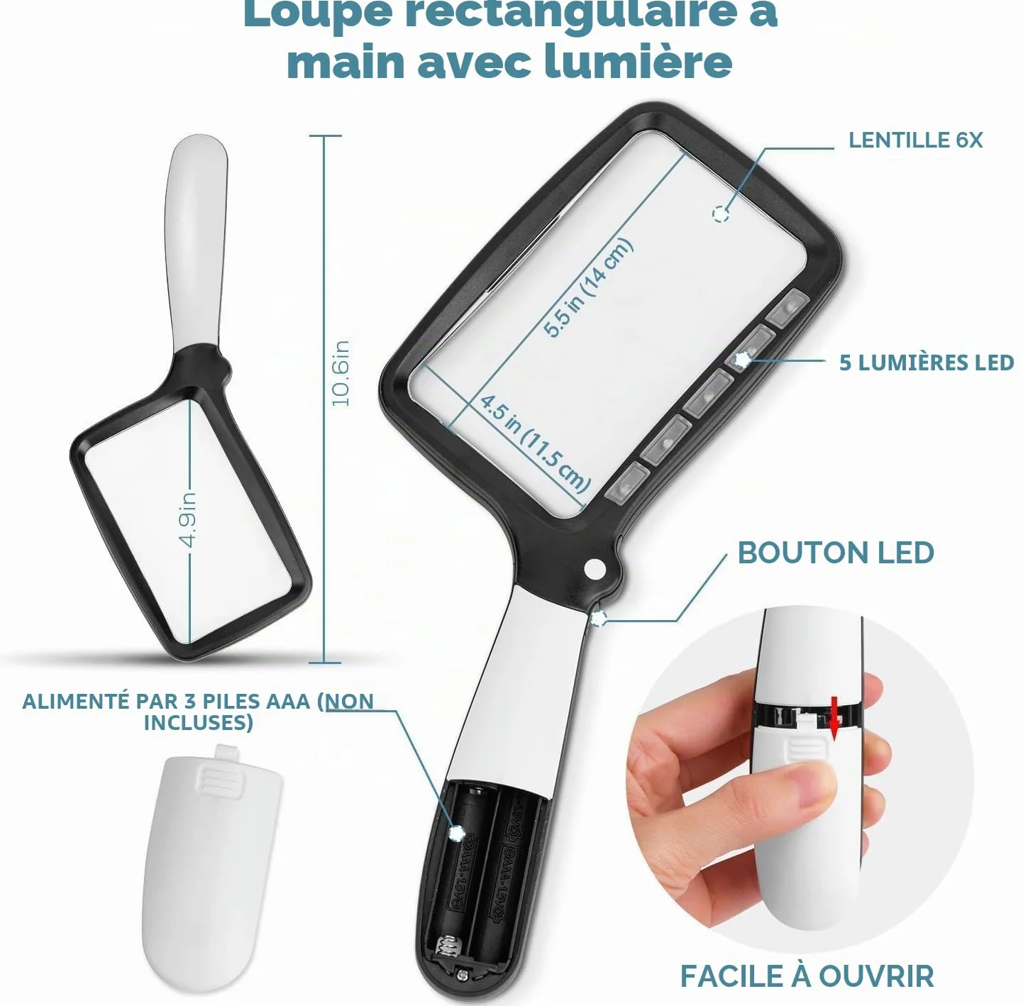 Loupe de Lecture Pliable à Main 6X avec LED à intensité Variable Grand Format pour Personnes âgées