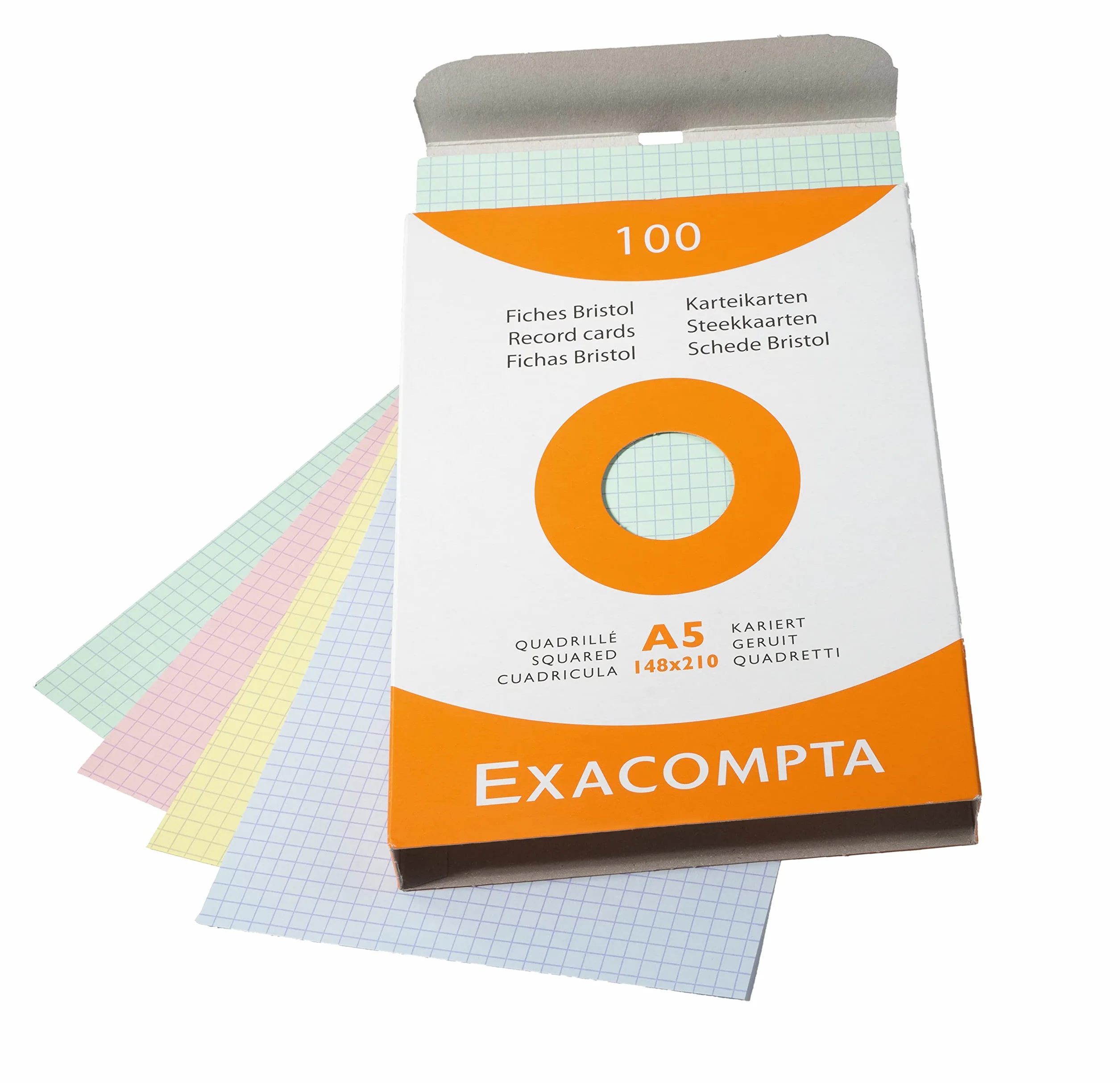 Exacompta Étui 100 fiches bristol quadrillées 5x5 non perforées 148 x 210 mm compatibles imprimante jet d'encre laser photocopieur couleurs assorties