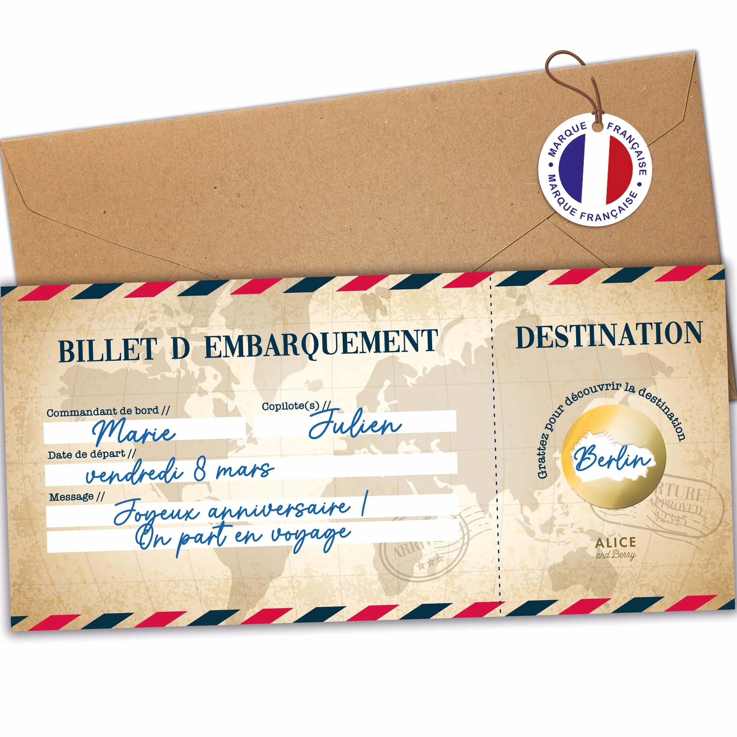 Carte à gratter Voyage Surprise personnalisable Billet d'avion Road Trip Vintage
