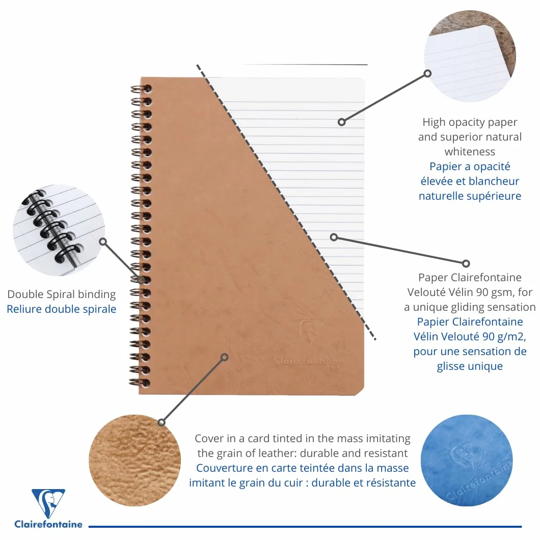 Clairefontaine Nomaddict Cahier à Spirale Tabac A5 14,8x21 cm 100 Pages Lignées Papier Blanc 90 g Couverture Carte Lustrée Grain Cuir