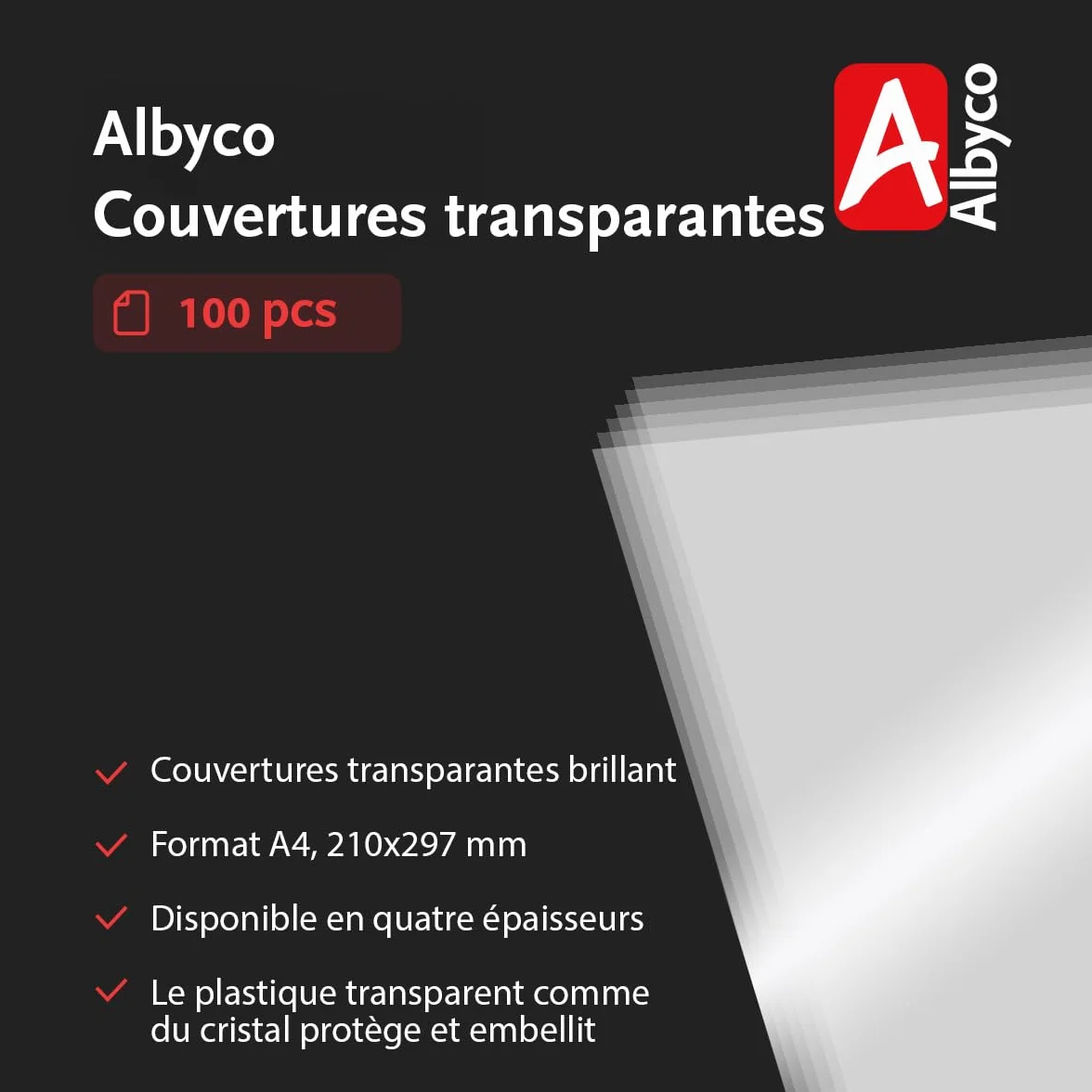 Albyco Couvertures Transparents brillants PVC 180 micron A4 210x297mm