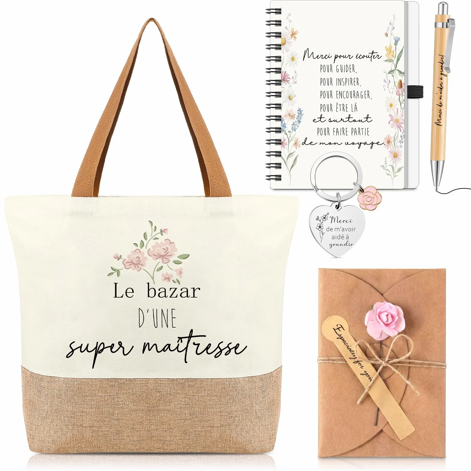 Sinmoe Cadeaux de Merci Maitresse Sac en Toile Porte-Clés Cahier Stylo Carte Enveloppe
