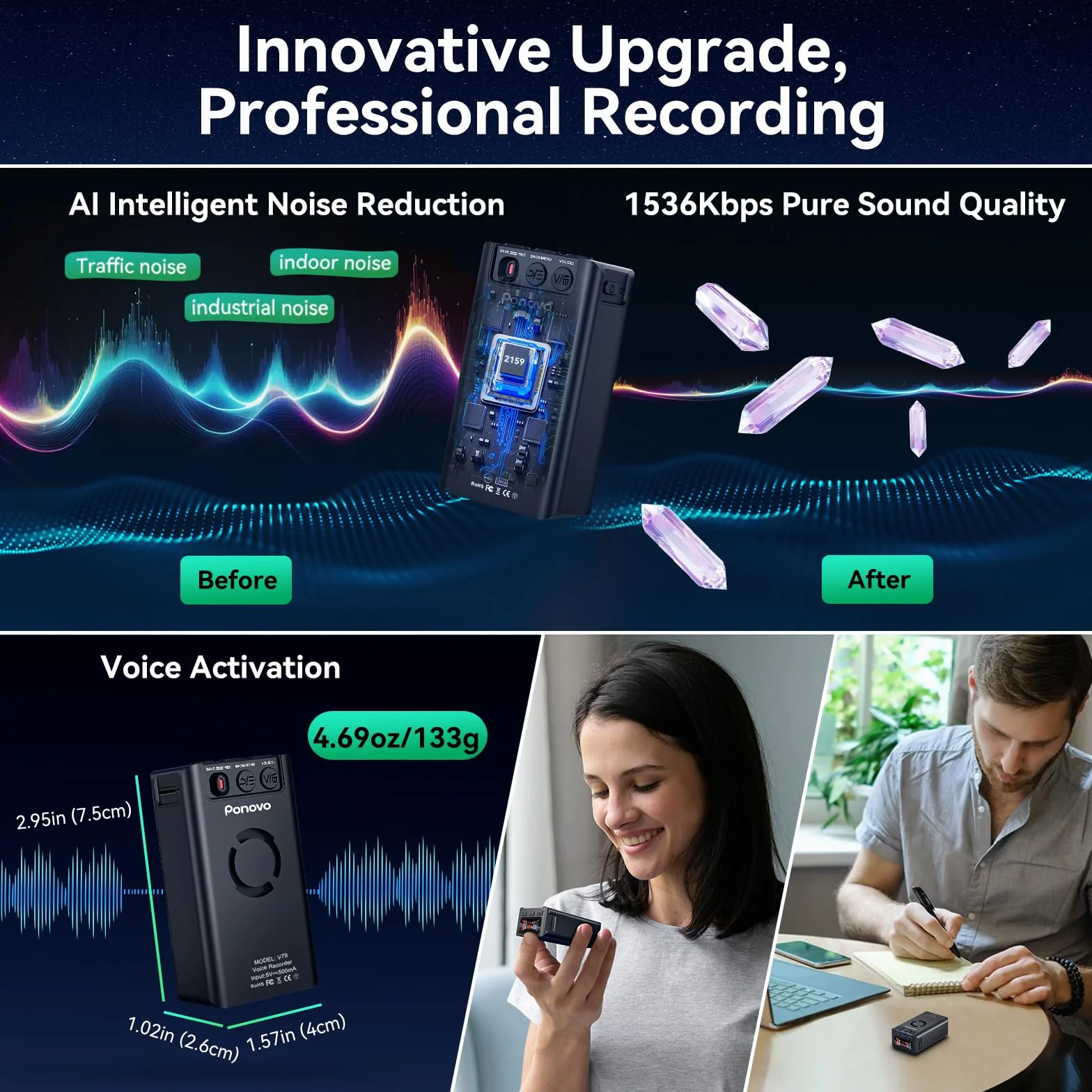 Enregistreur Vocal Numérique Magnétique 64Go, Ponovo Activation Vocale 6000mAh Dictaphone Réduction Bruit