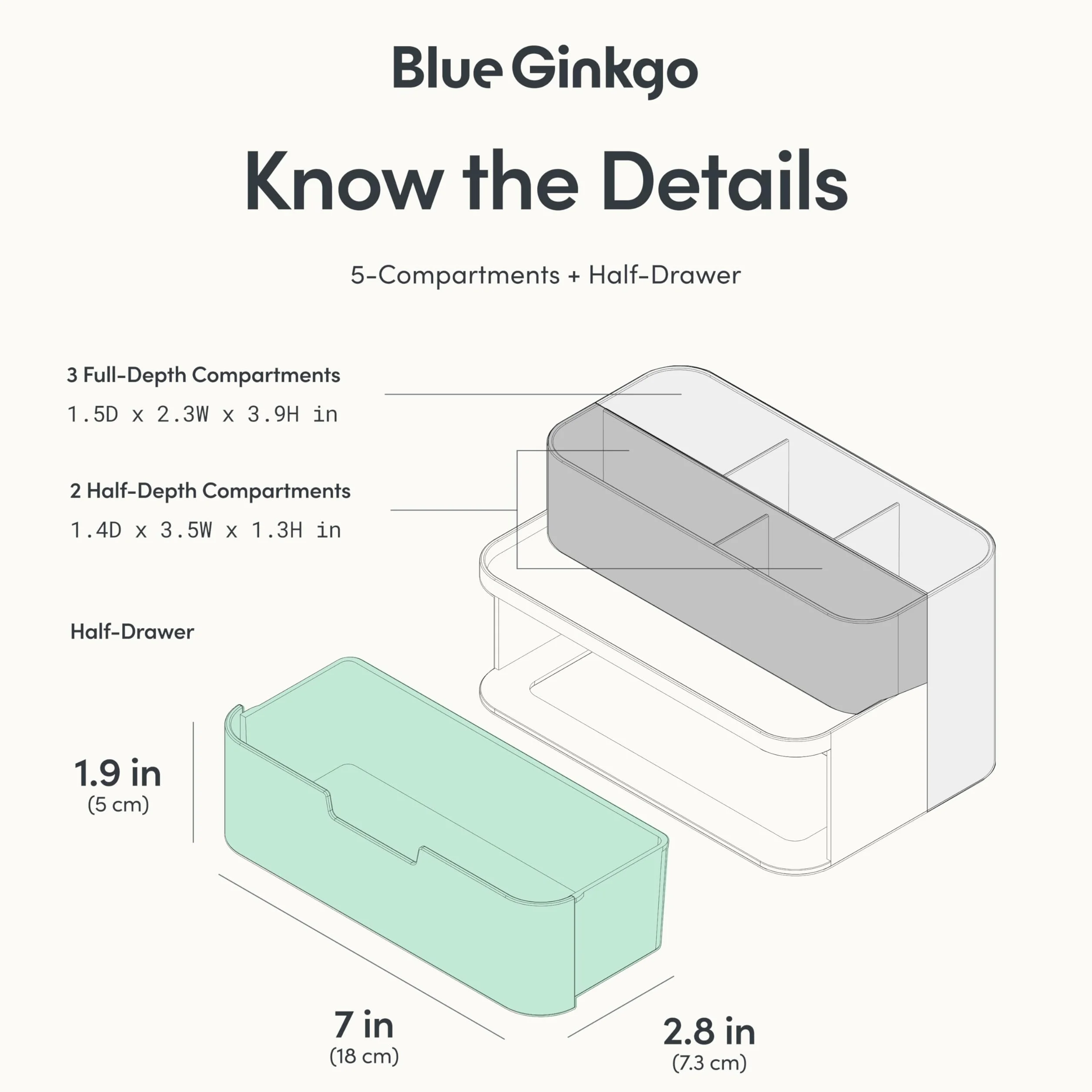BLUE GINKGO Organisateur de Bureau Compact 5 Compartiments Demi-tiroir Porte-stylos Fabriqué en Corée Blanc
