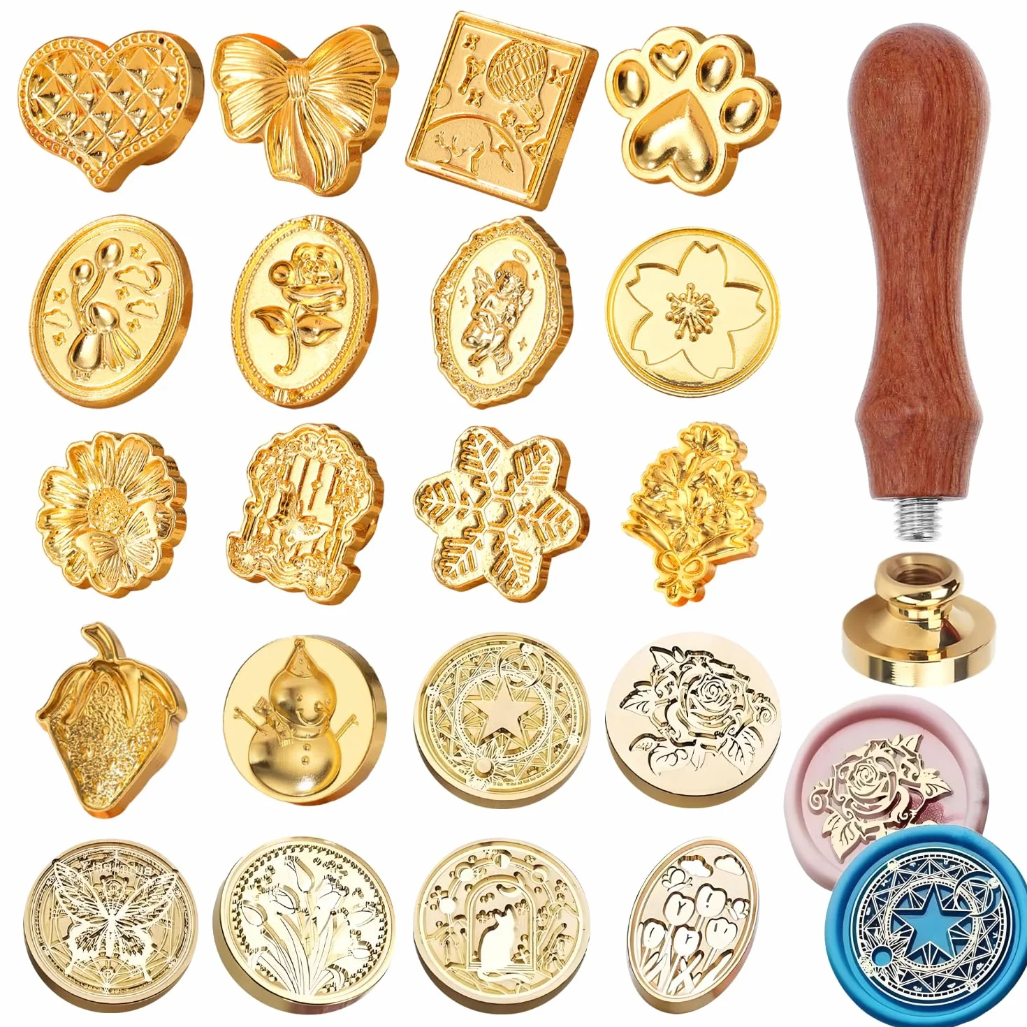 Sceau Cire en Métal Set 21 Pièces Vintage avec Tête Amovible et Manche en Bois pour Mariage