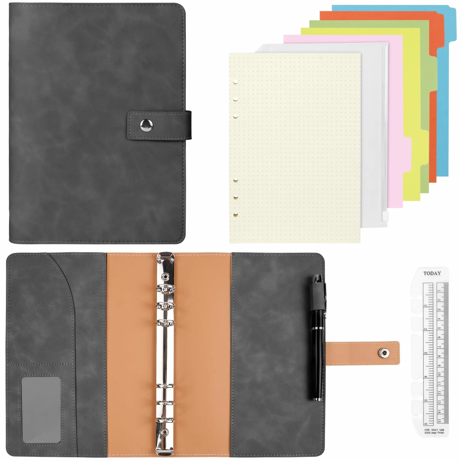 Carnet de Notes A5 200 Pages PU Cuir Rechargeable avec Grille à Points Gris
