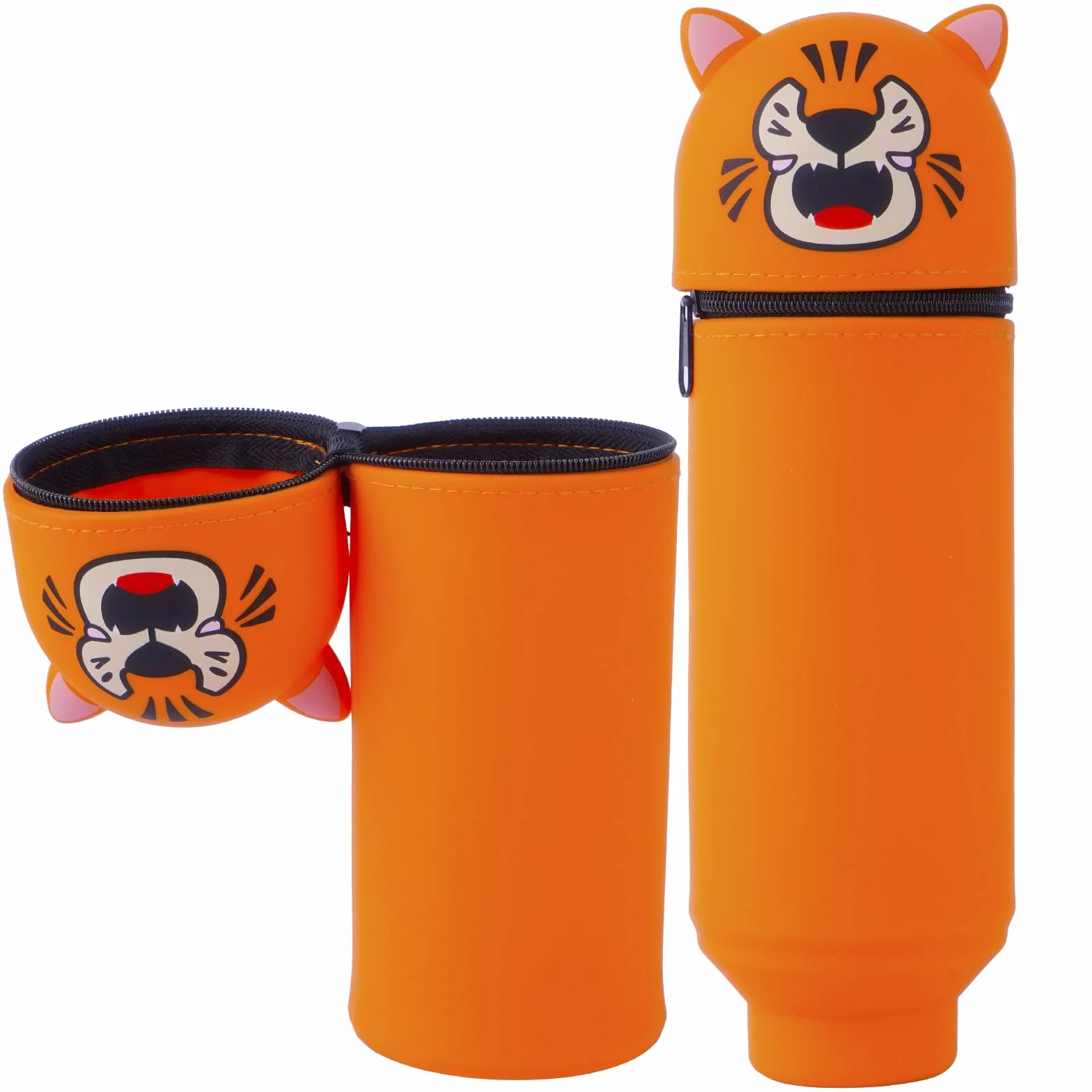 Trousse Scolaire en Silicone Télescopique Kawaii Tigre 2 en 1 avec Fermeture Eclair