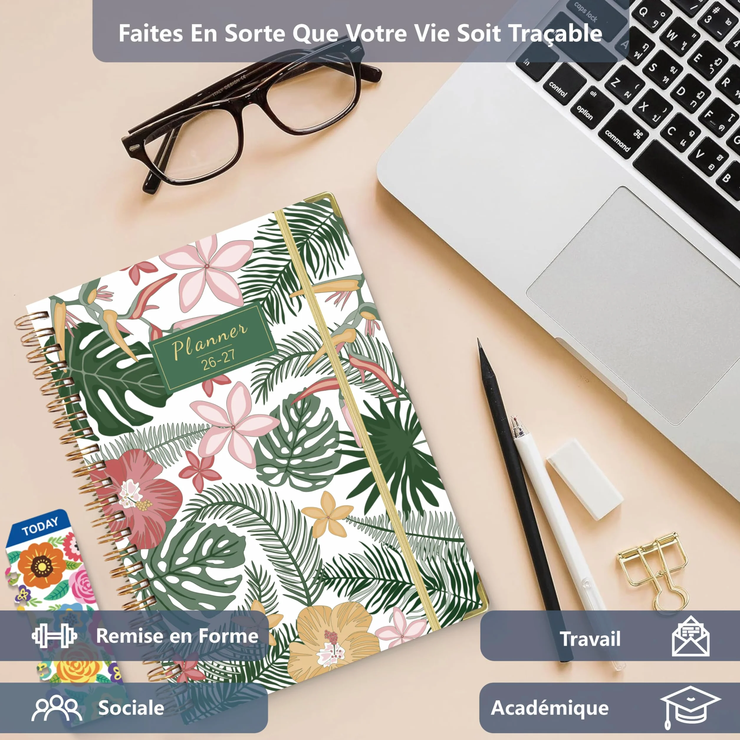 NEYSA Agenda Semainier 2026-2027 A5 Spirale Juillet 2026 - Juin 2027 avec boucle de stylo, règle signet et autocollants