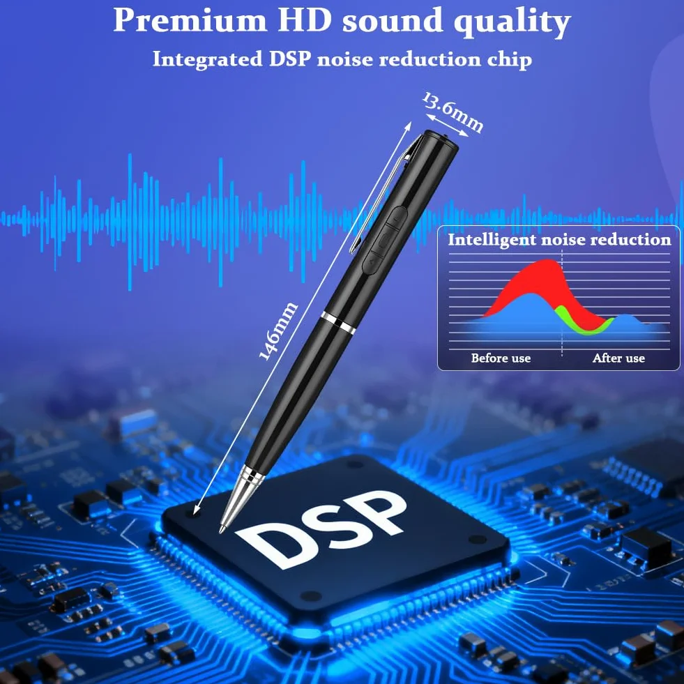 Ainiv Stylo Enregistreur 64 Go, Appareil d'Enregistrement Portable Audio HD, Enregistrement en Une Touche, Réduction de Bruit DSP