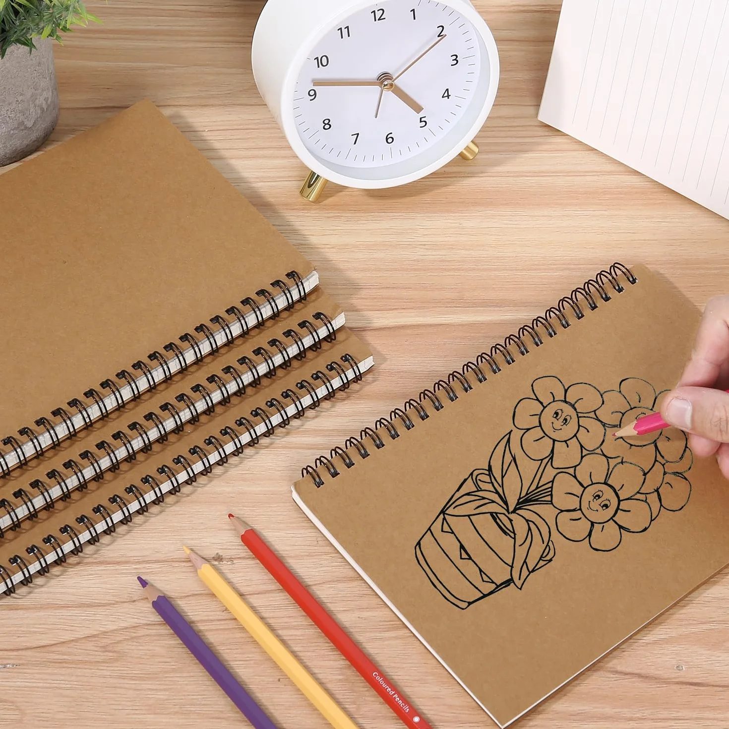 Cahier à Spirale A5 Lot de 5, 60 Feuilles/120 Pages, 80 g/m², Kraft Couverture, Carnet Dessin