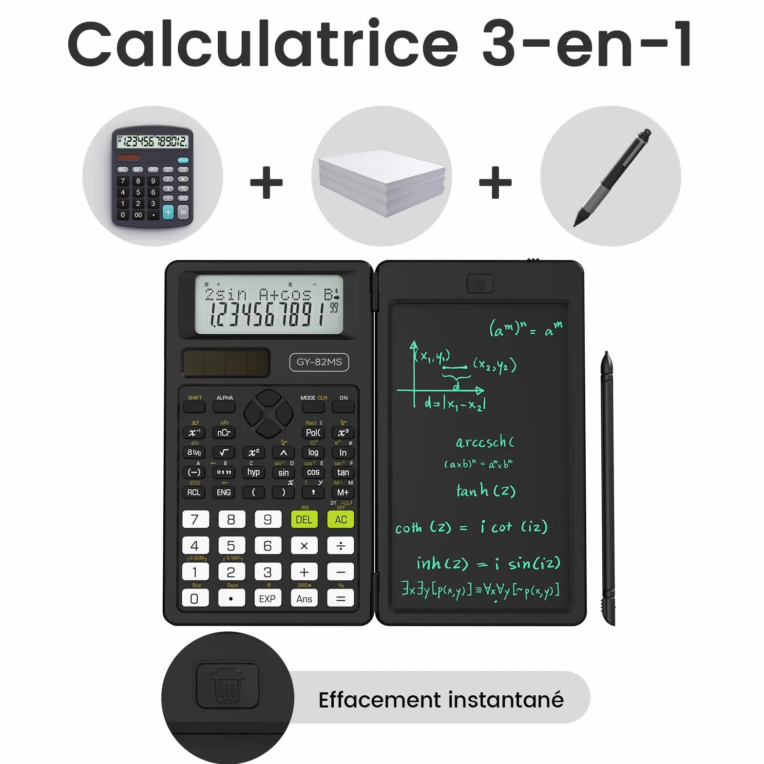 NEWYES Calculatrice Scientifique 82MS 240 Fonctions Tablette d'Écriture Stylo Inclus 2 Lignes Noir