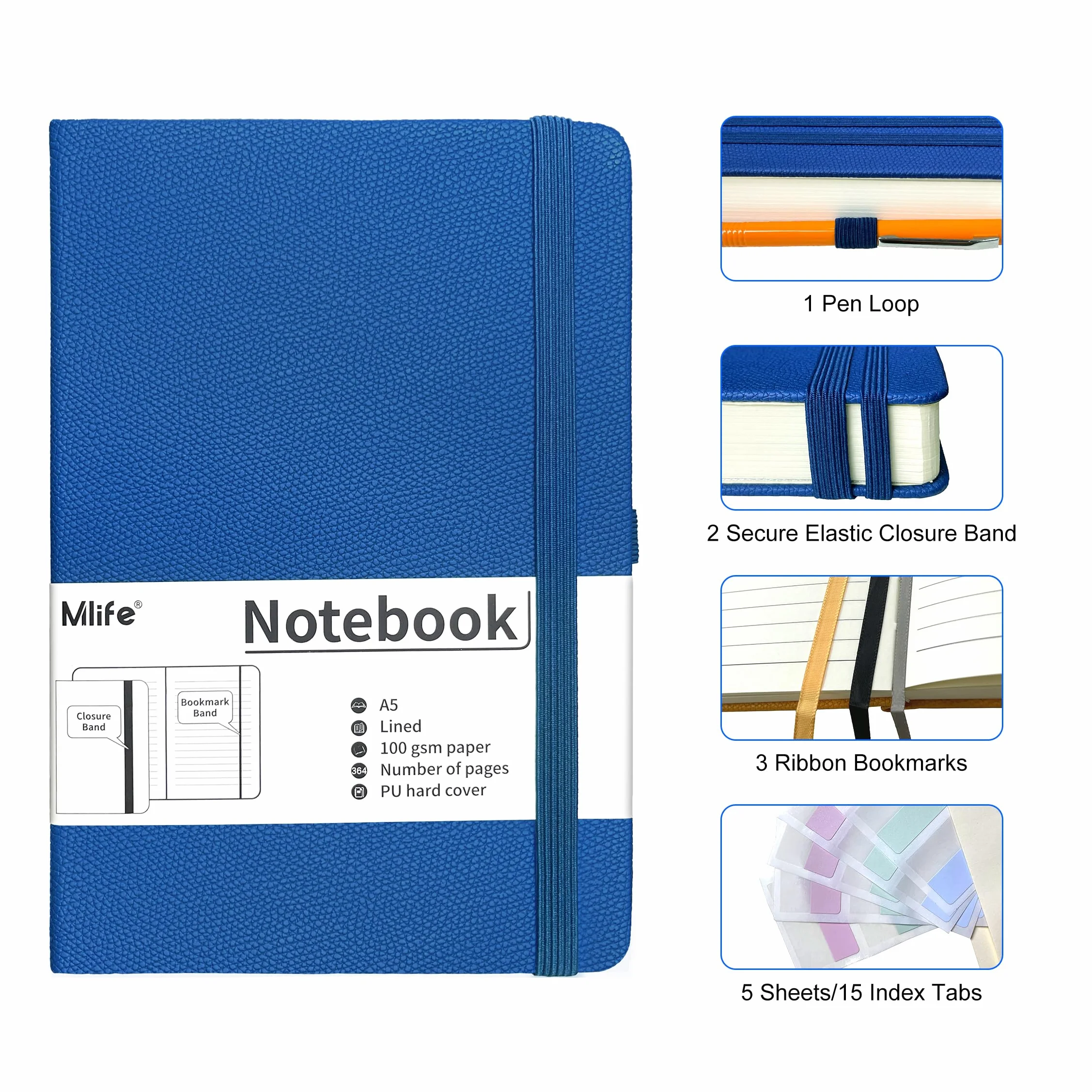 Mlife A5 Carnet de Notes Journal Épaissi 360 Pages 100g/m² Papier Résistant à l'Encre avec Pochette Pliante Noir