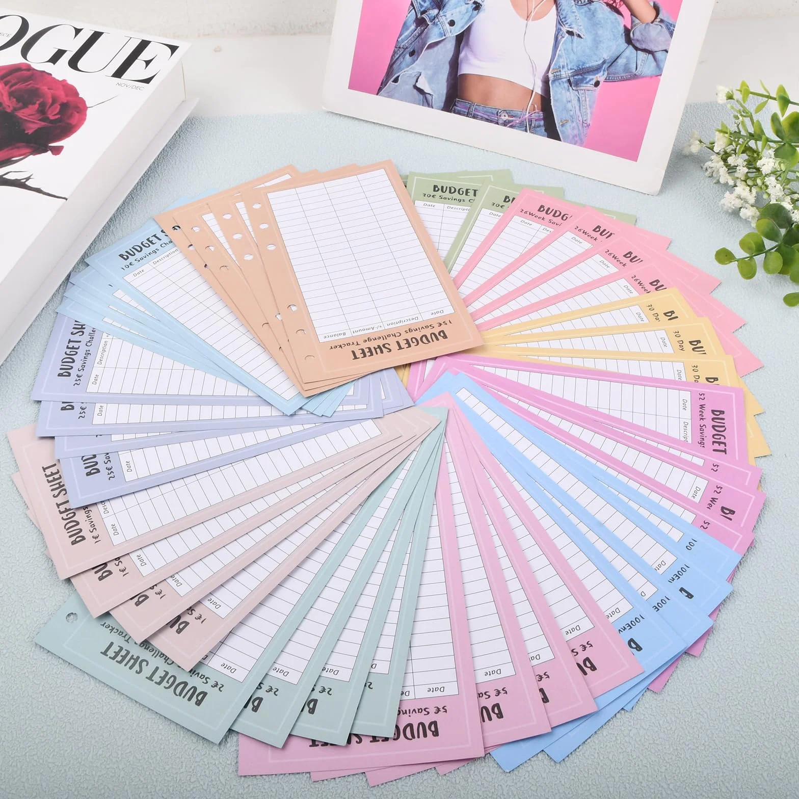 Lot de 48 Feuilles de Budget A6, Classeur Budget Set de Défi, Suivi de Budget 6 Trous Tracker