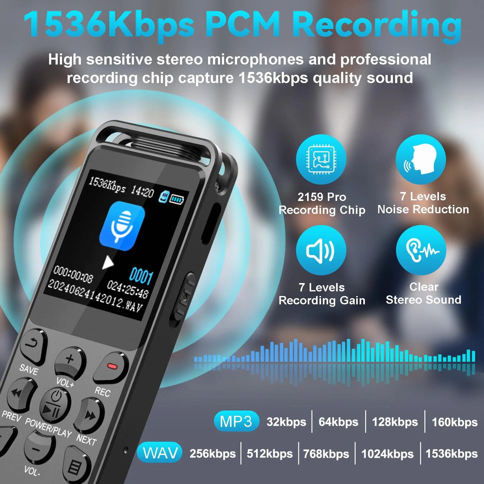 Enregistreur Vocal Numérique 80GB 70H avec Écran Couleur 1,44", Activation Vocale, Lecteur MP3, USB-C