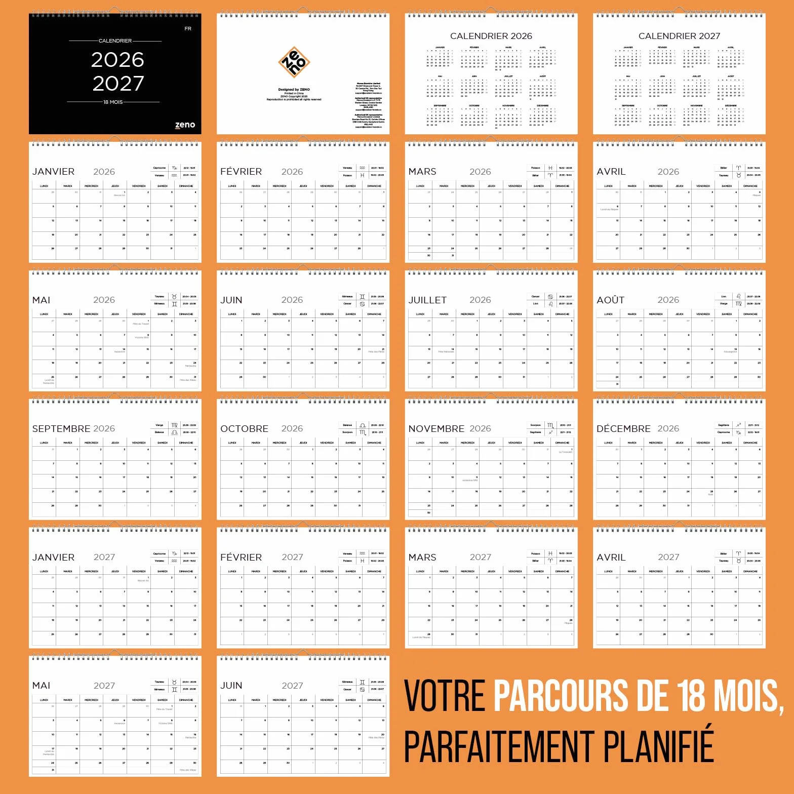 ZENO Calendrier Mural 2026 2027 18 Mois Janvier 26 à Juin 27 Planning Mensuel Organiseur Familial