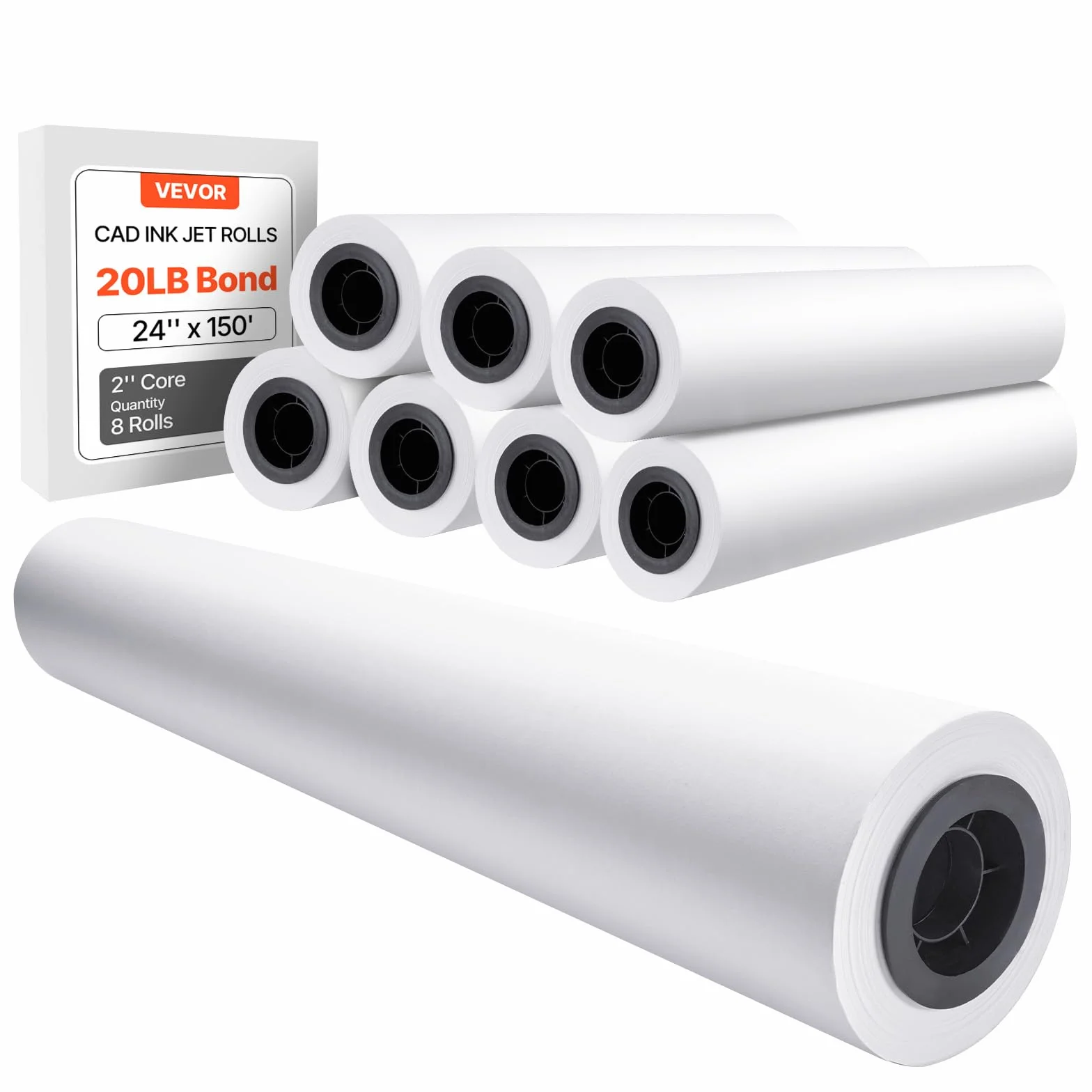 VEVOR Rouleau de papier à dessin blanc grand format 609,6 mm x 45,7 m lot de 8 rouleaux pour traceur CAO