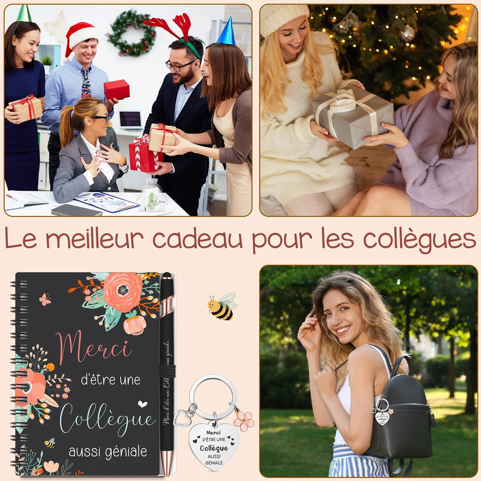 Sinmoe Cadeau pour Collègue Femme Set 3 Pièces Mini Carnet Spirale Stylo Noir Porte-Clé Fleur Départ Retraite