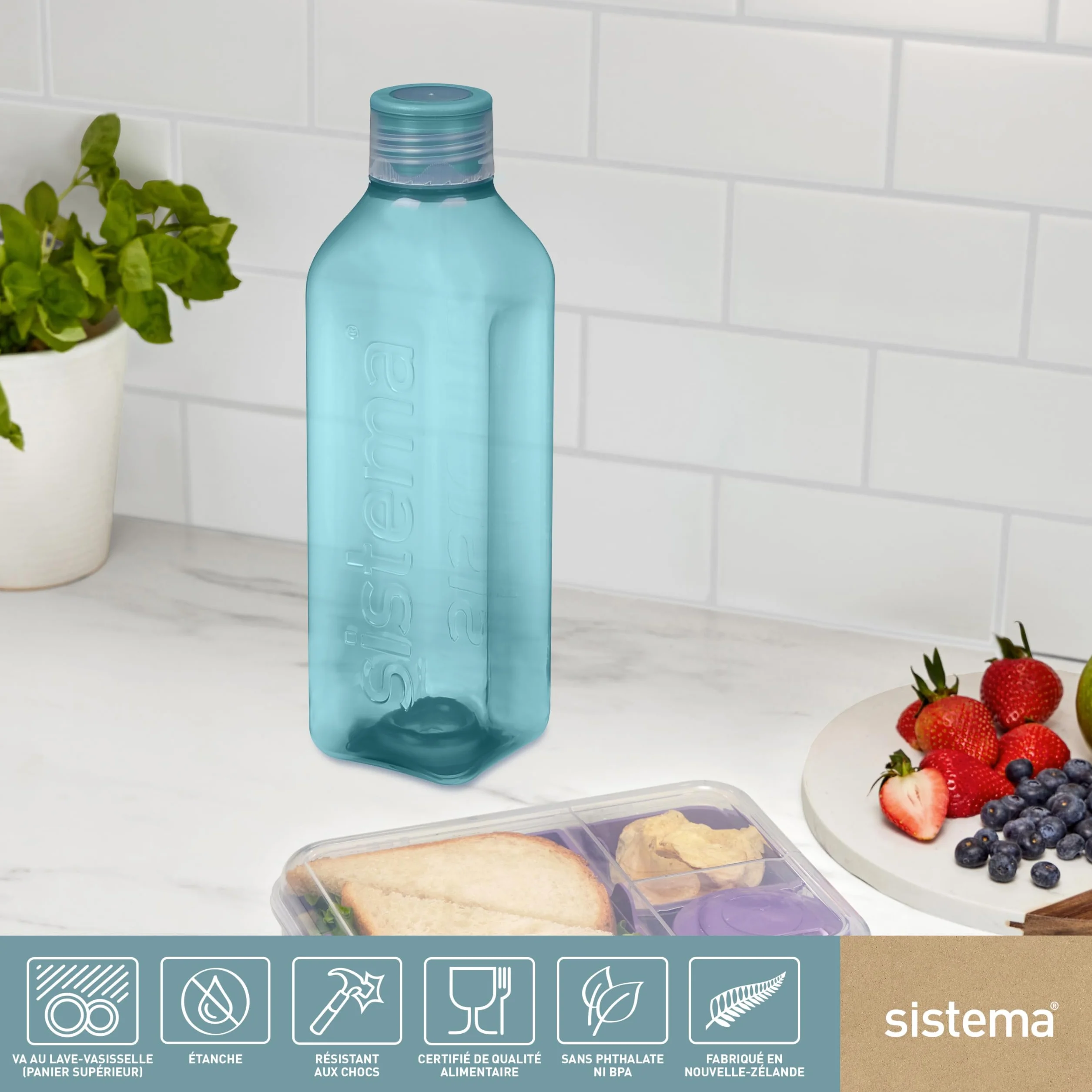 Sistema Bouteille d'eau carrée 1 litre sans BPA Bouchon étanche Bleu-gris