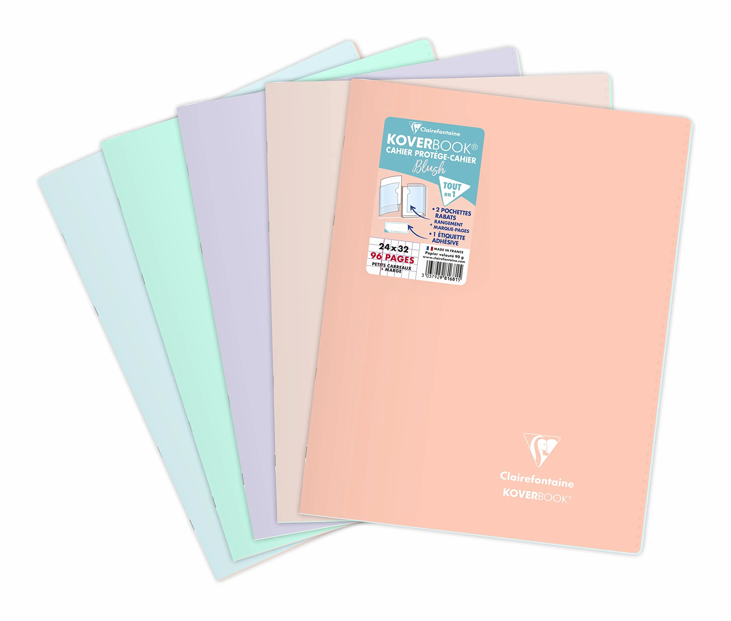 Clairefontaine Koverbook Blush Cahier Agrafé 24x32 cm 96 Pages Petits Carreaux avec Marge Papier 90 g Couverture Polypro Opaque