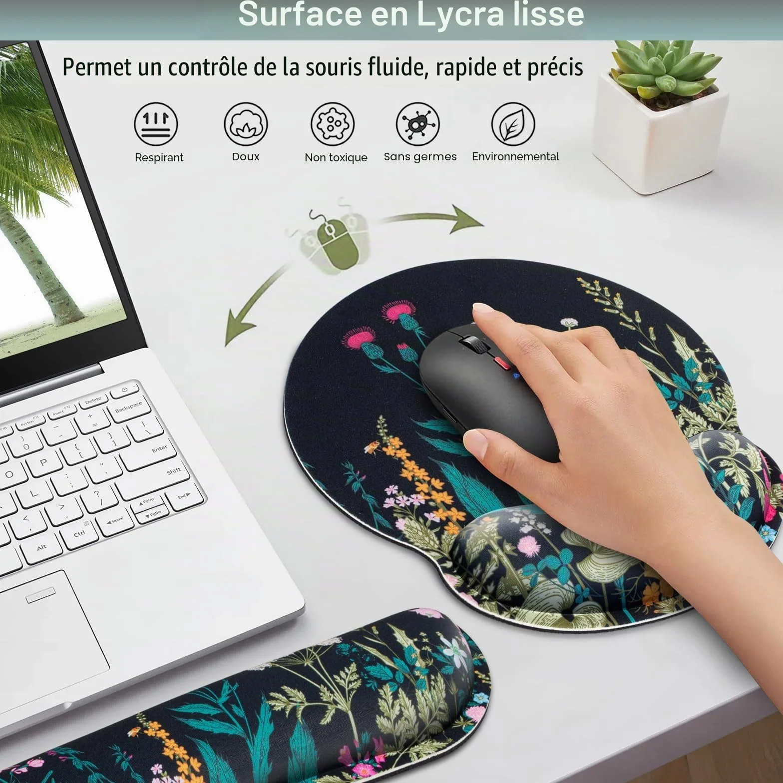 Tapis de Souris avec Coussin Gel 3 en 1 Repose-Poignet Ergonomique Antidérapant, 3mm Mousse à Mémoire, Lavable pour PC Bureau
