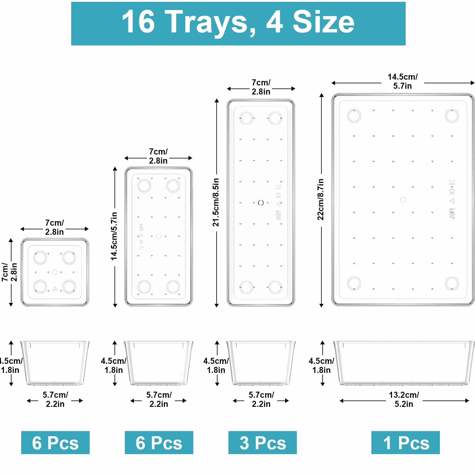 Radikor Lot de 16 Organisateurs de Tiroir, Bacs de Rangement Plastique Transparent, 4 Tailles pour Salle de Bain, Cuisine et Bureau