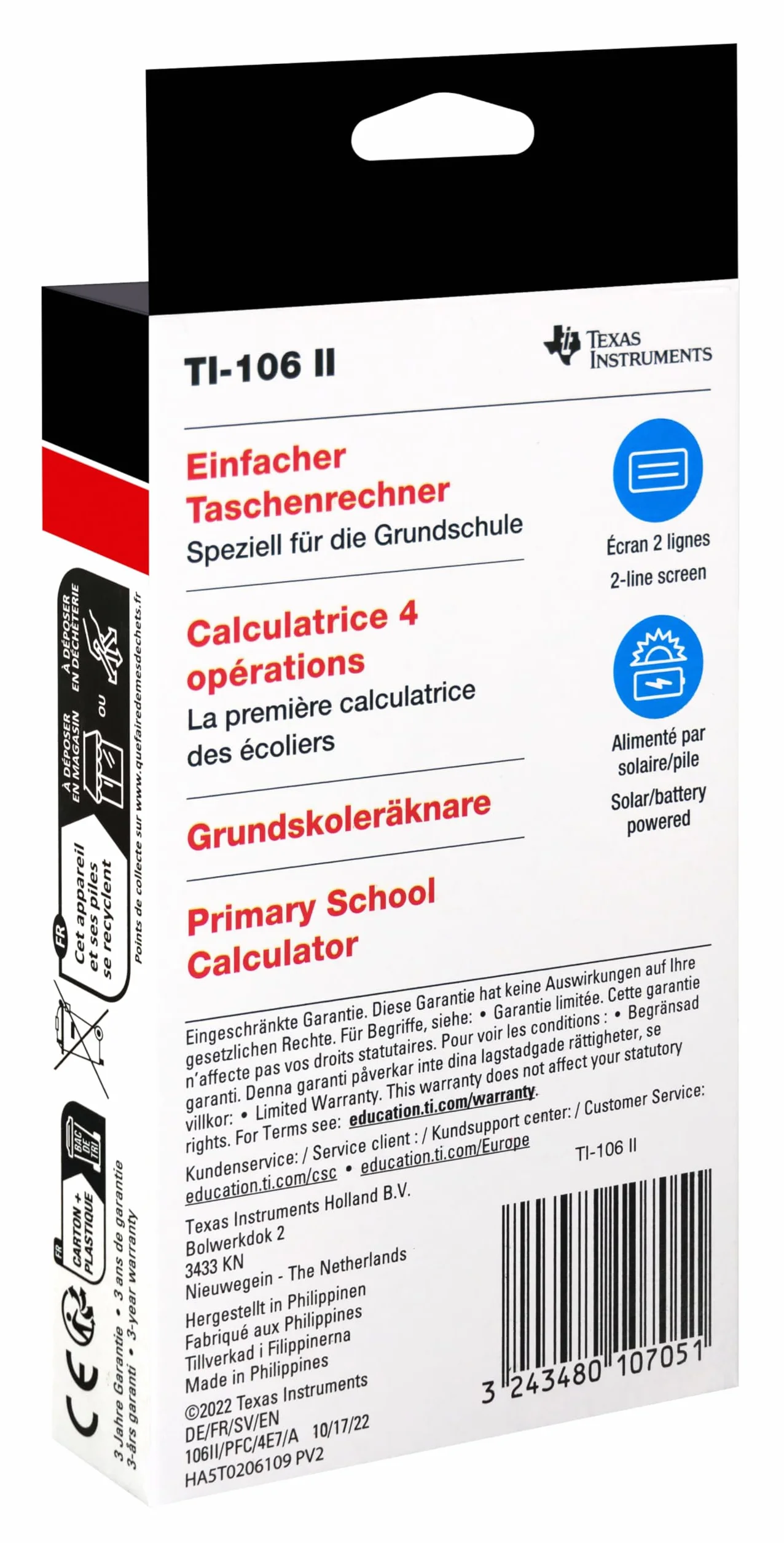 Texas Instruments TI-106 II Calculatrice Scientifique Solaire Poche